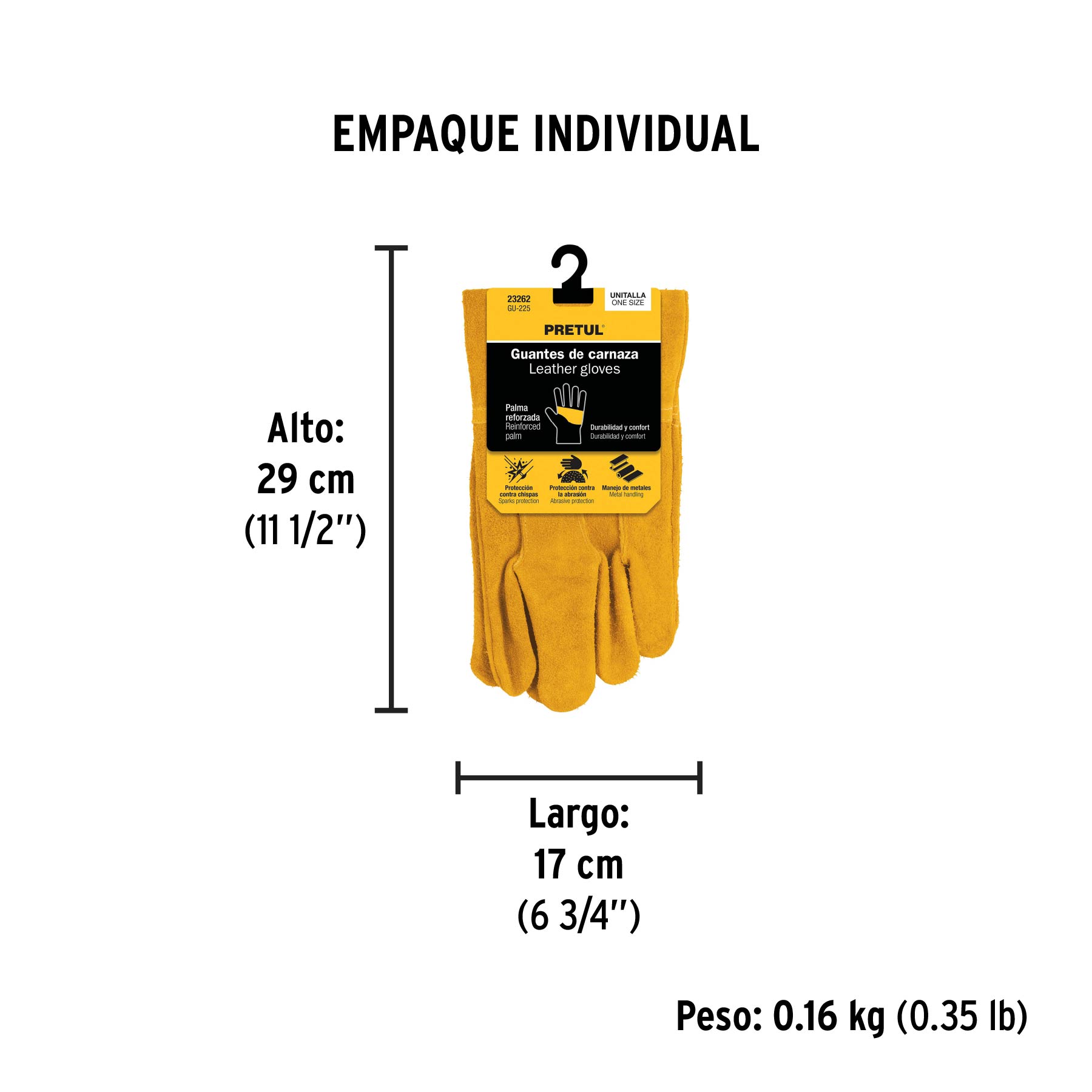 Guantes de carnaza, cortos, unitalla, PRETUL - Empaque