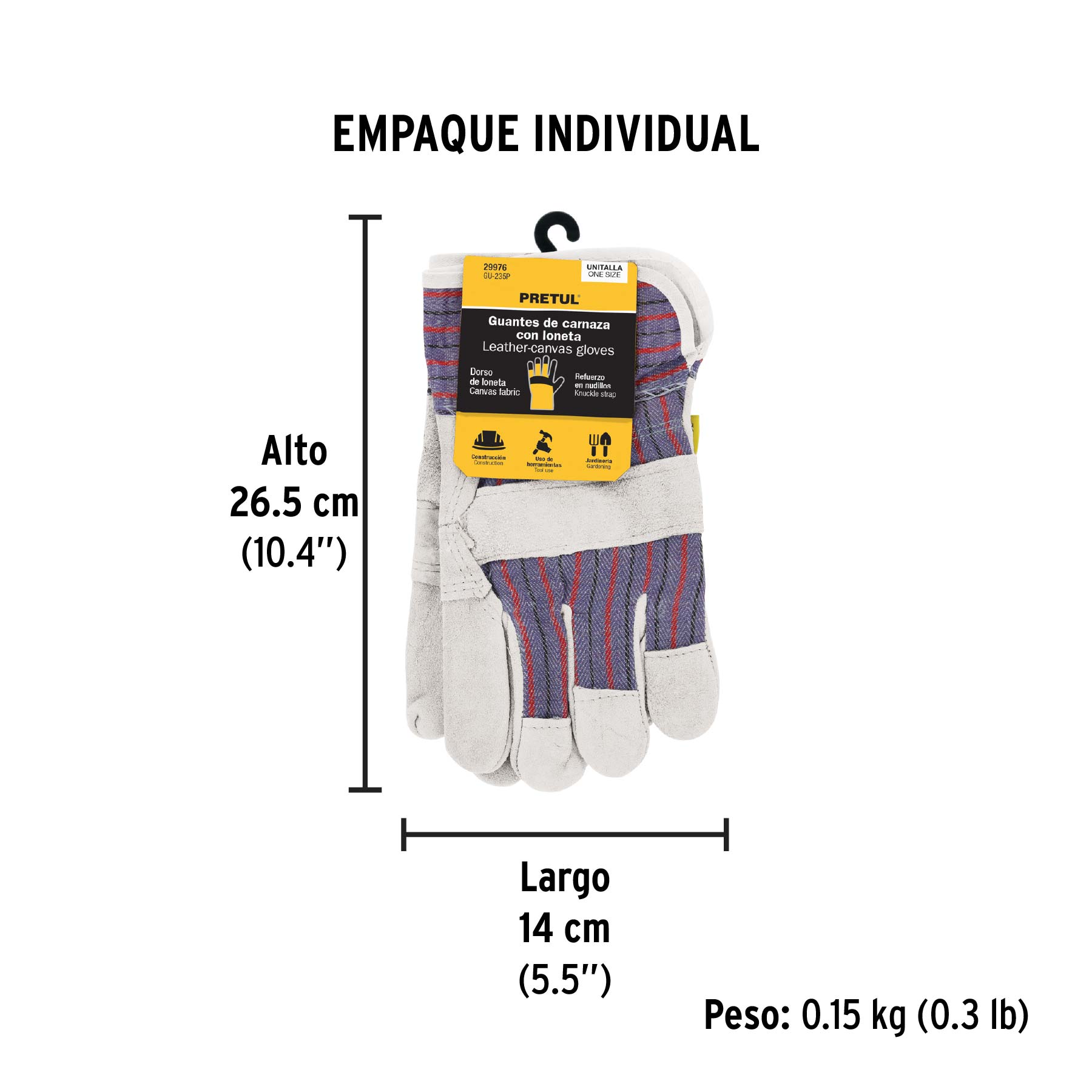 Guantes de carnaza y loneta, unitalla, PRETUL - Empaque