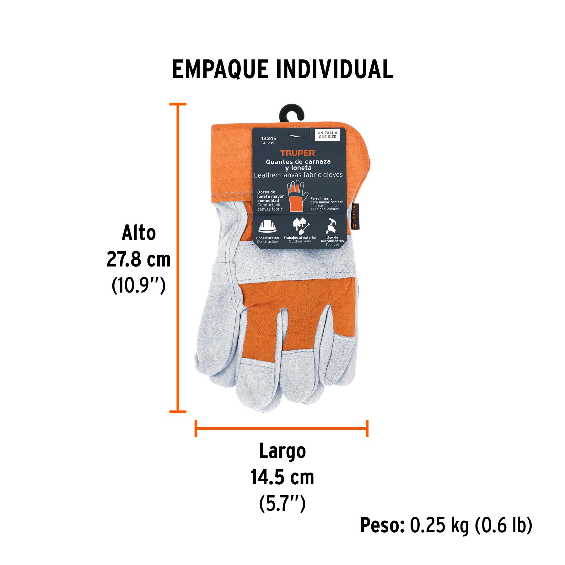 Guantes de carnaza y loneta, unitalla, TRUPER - Empaque