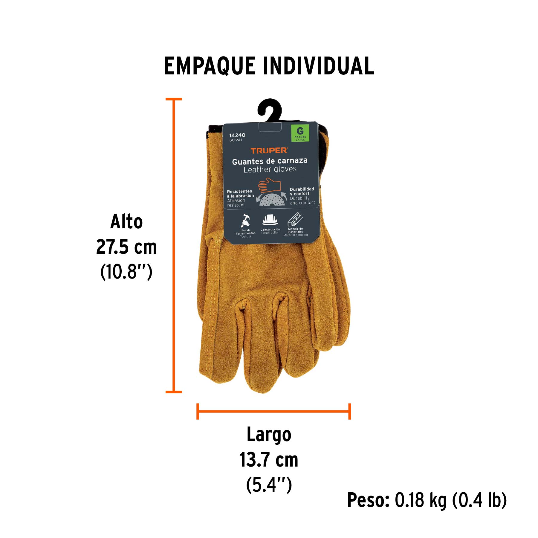 Guantes de carnaza, usos generales, G, TRUPER - Empaque