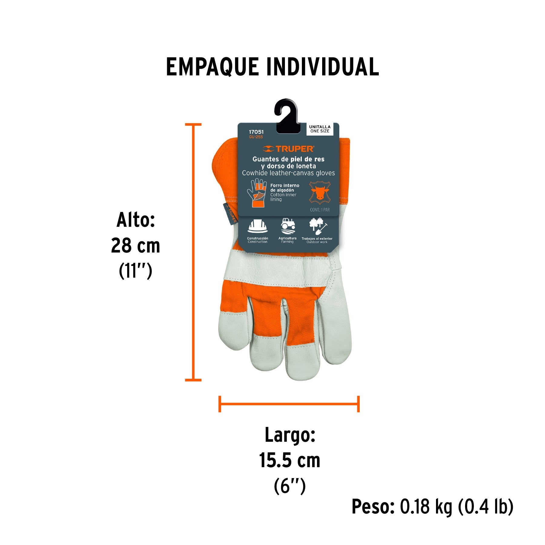 Guantes de piel de res y dorso de loneta, TRUPER - Empaque