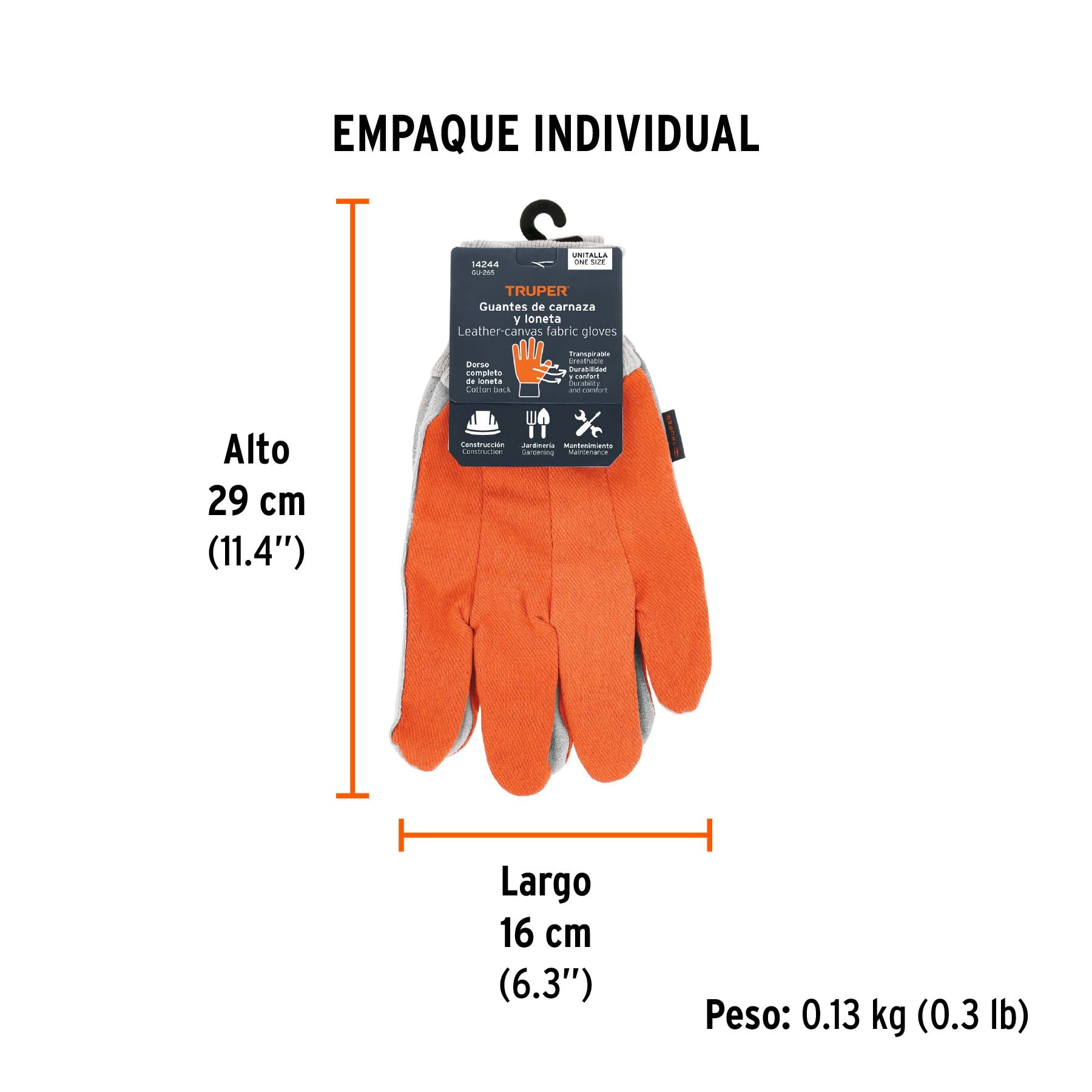Guantes de carnaza y loneta, uso ligero, unitalla, TRUPER - Empaque
