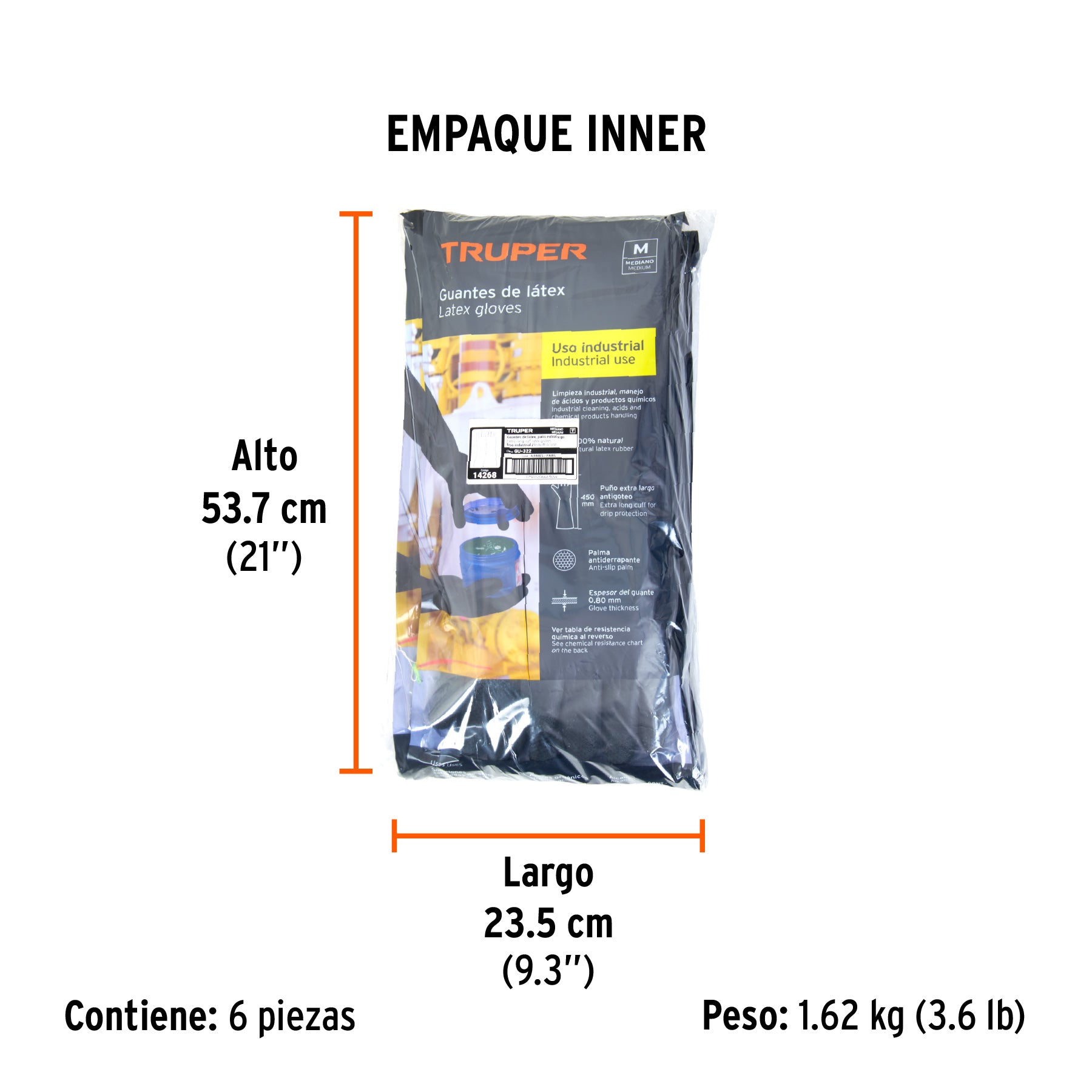 Guantes de látex industriales, M, TRUPER - Empaque