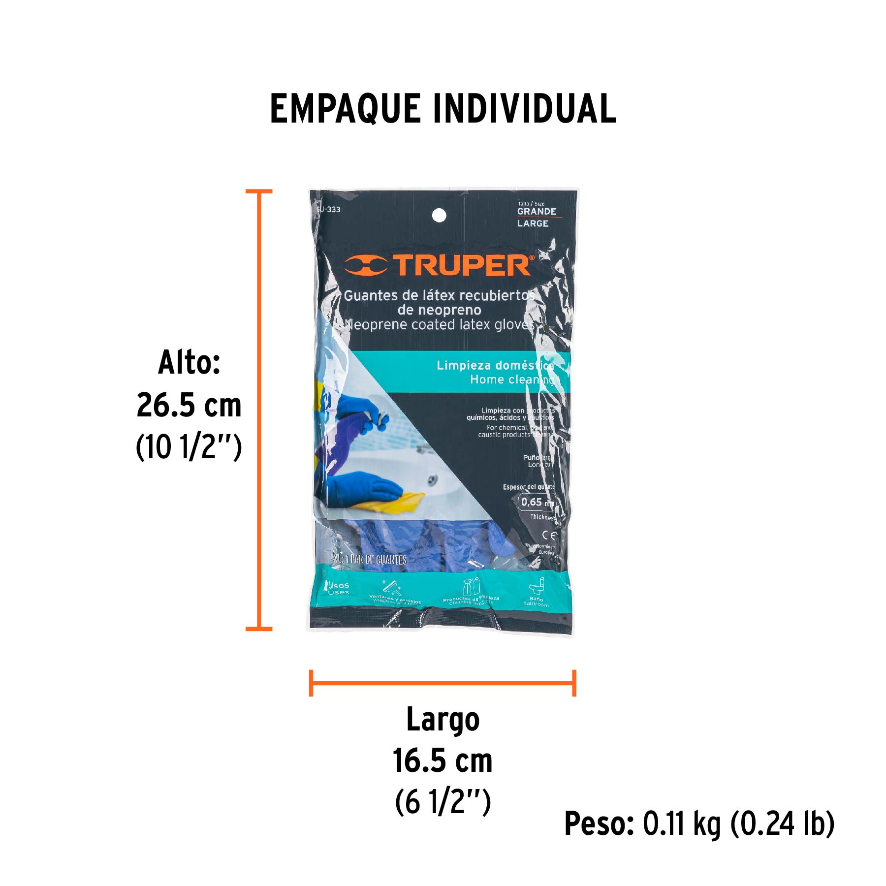 Guantes de látex reforzados para limpieza, G, TRUPER - Empaque