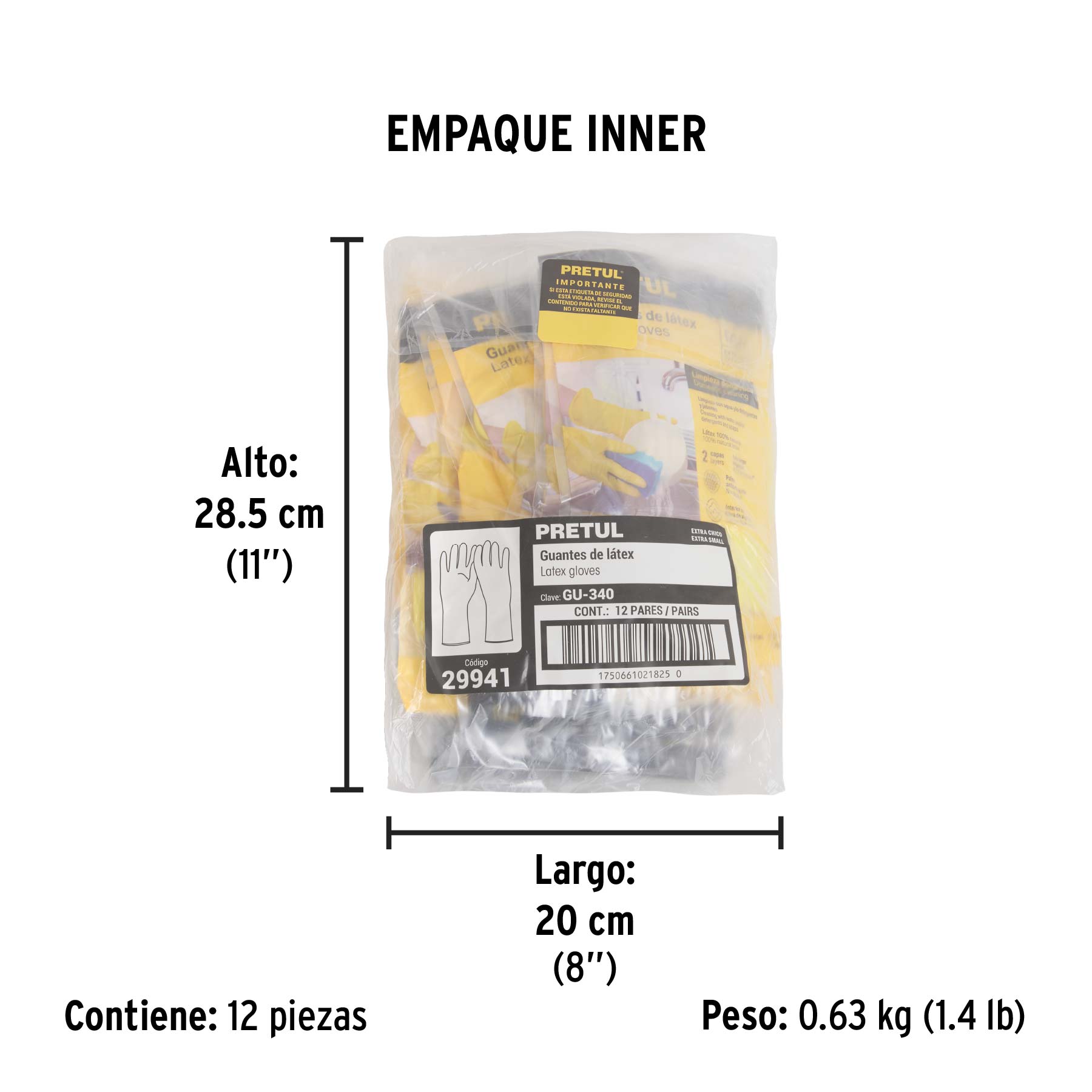 Guantes de látex para limpieza, amarillos, ECH, PRETUL - Empaque