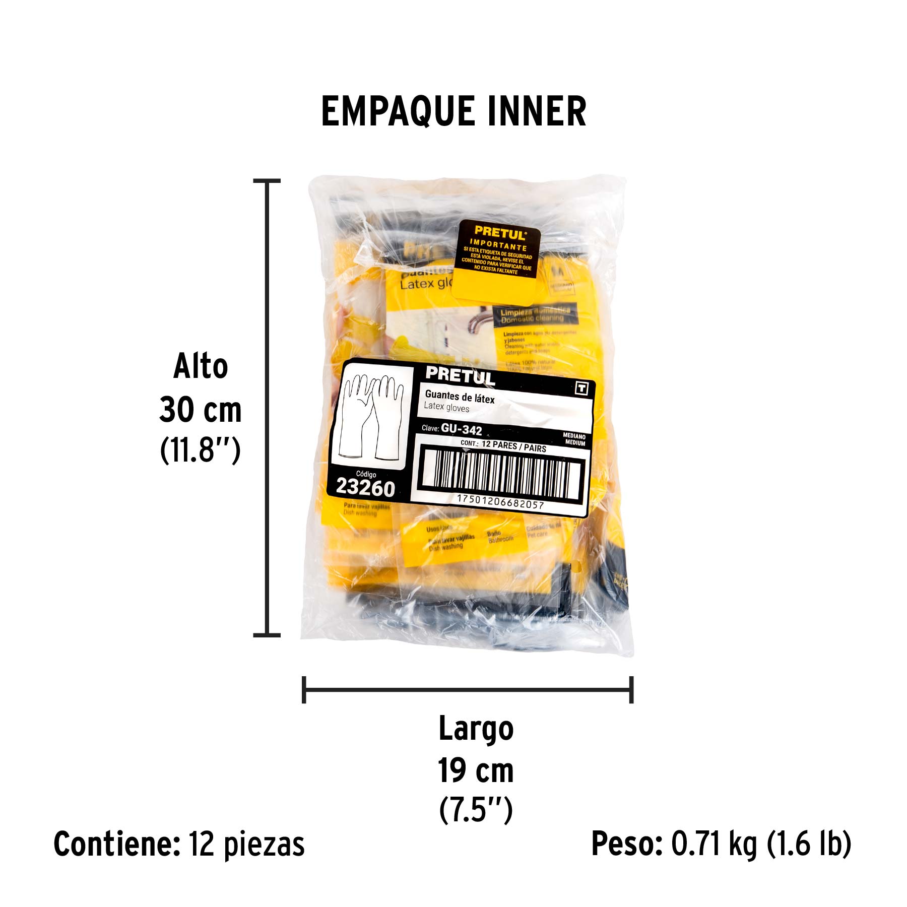 Guantes de látex para limpieza, M, PRETUL - Empaque
