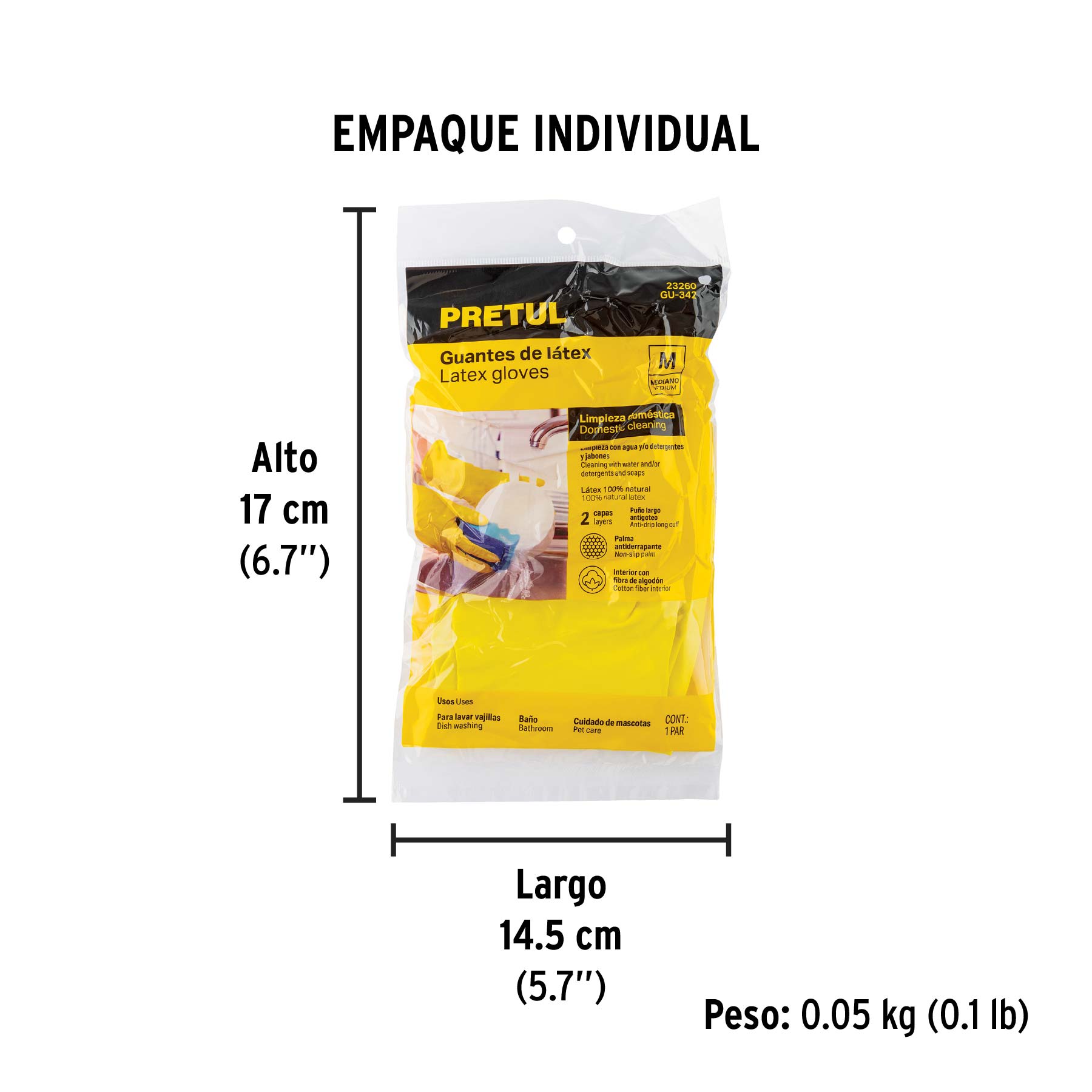 Guantes de látex para limpieza, M, PRETUL - Empaque