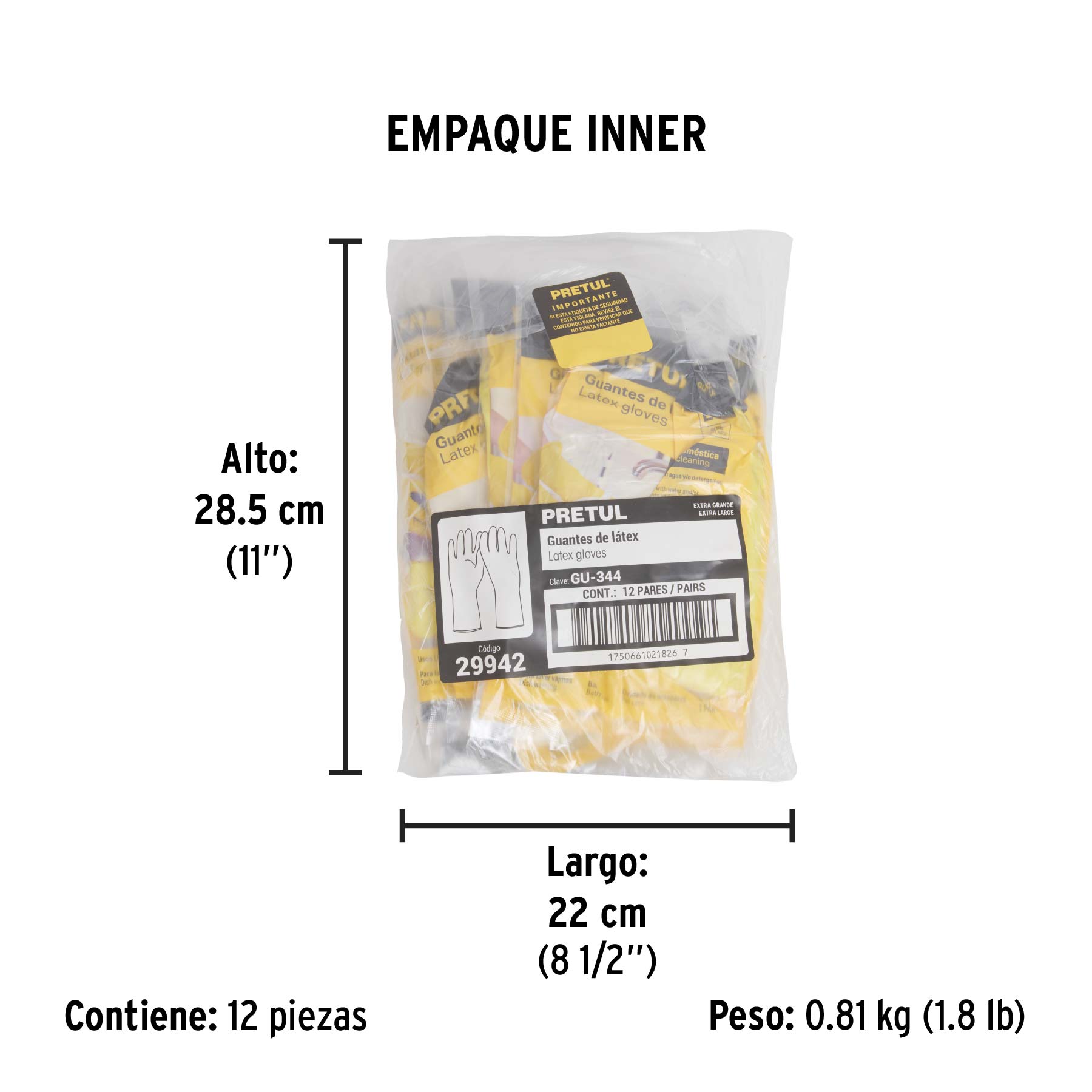 Guantes de látex para limpieza, amarillos, EG, PRETUL - Empaque