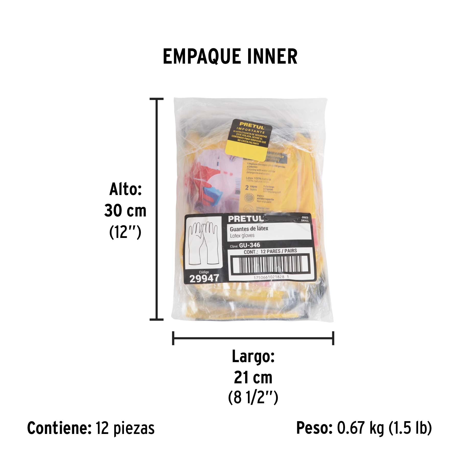 Guantes de látex para limpieza, rojos, CH, PRETUL - Empaque