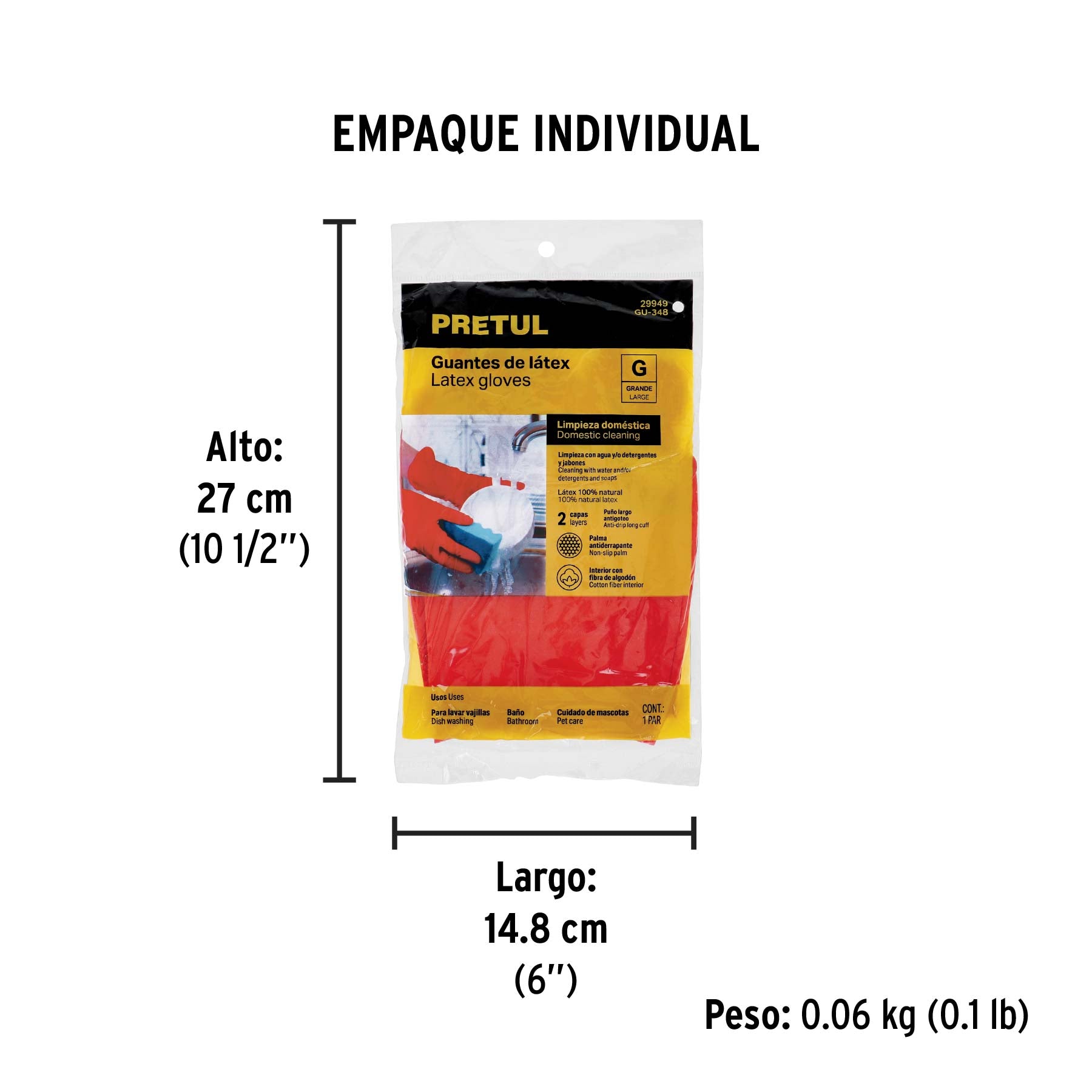 Guantes de látex para limpieza, rojos, G, PRETUL - Empaque