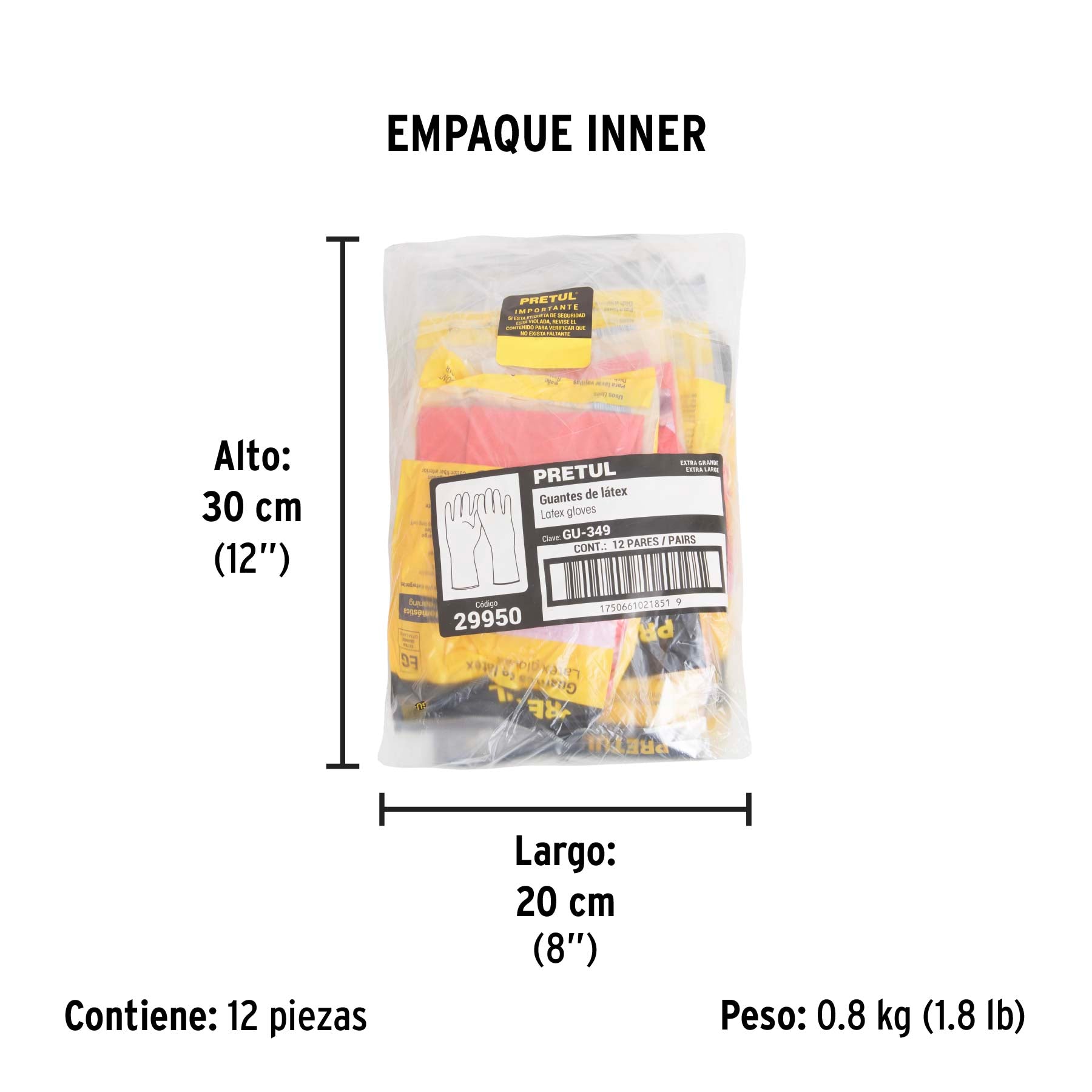 Guantes de látex para limpieza, rojos, EG, PRETUL - Empaque