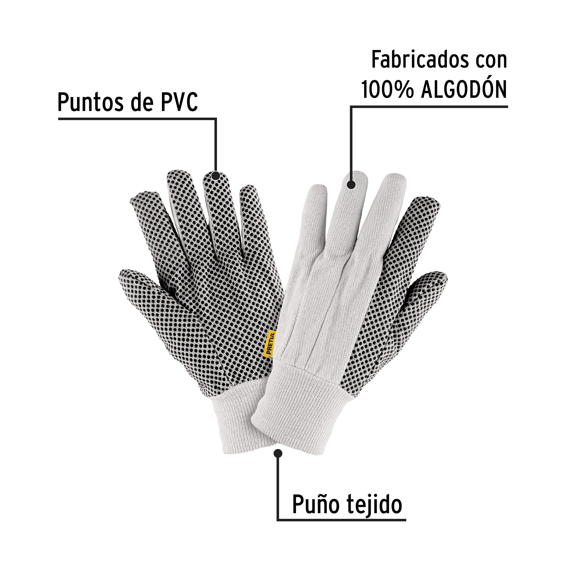 Guantes de algodón con puntos PVC en palma, unitalla, PRETUL