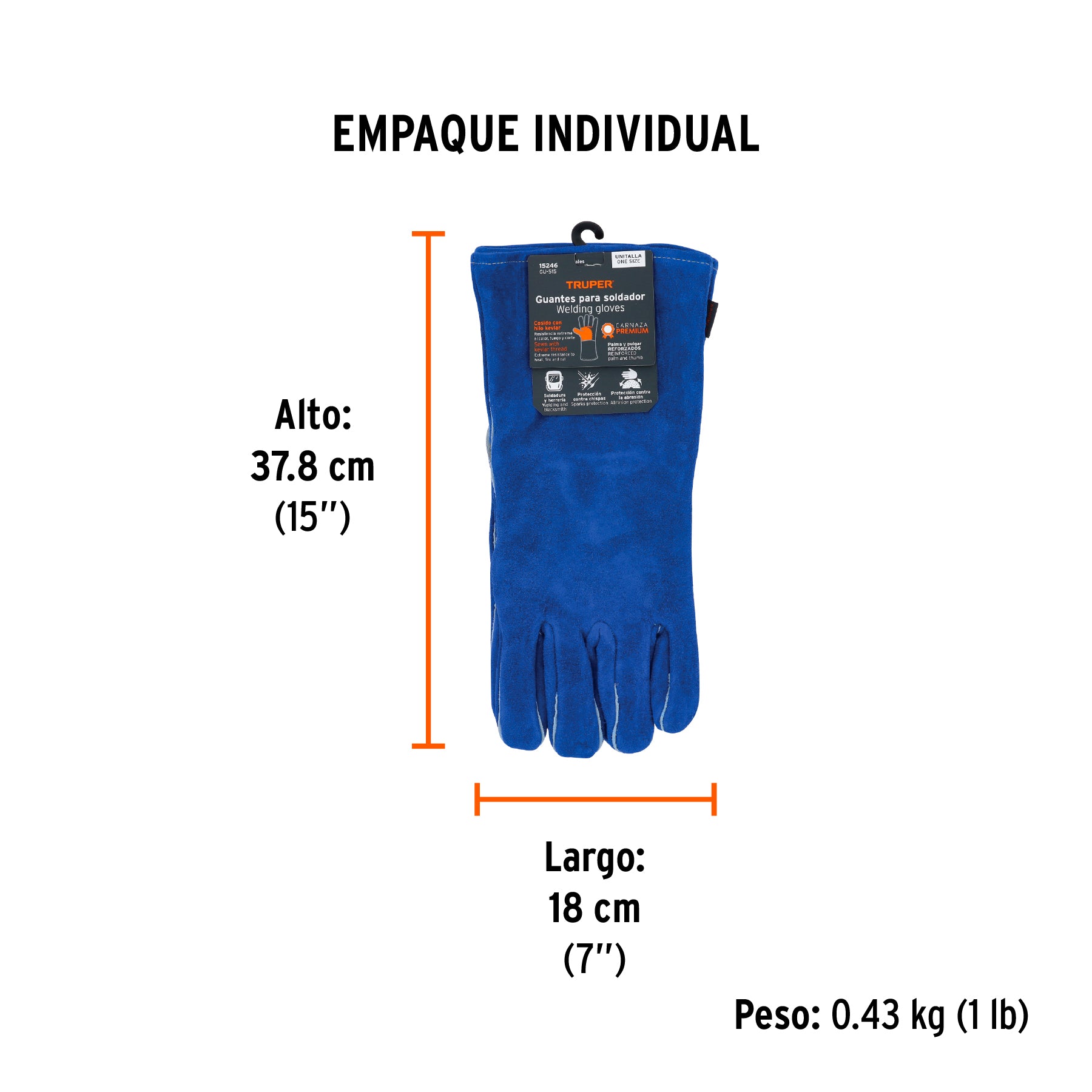 Guantes para soldador, reforzados, azules, TRUPER - Empaque