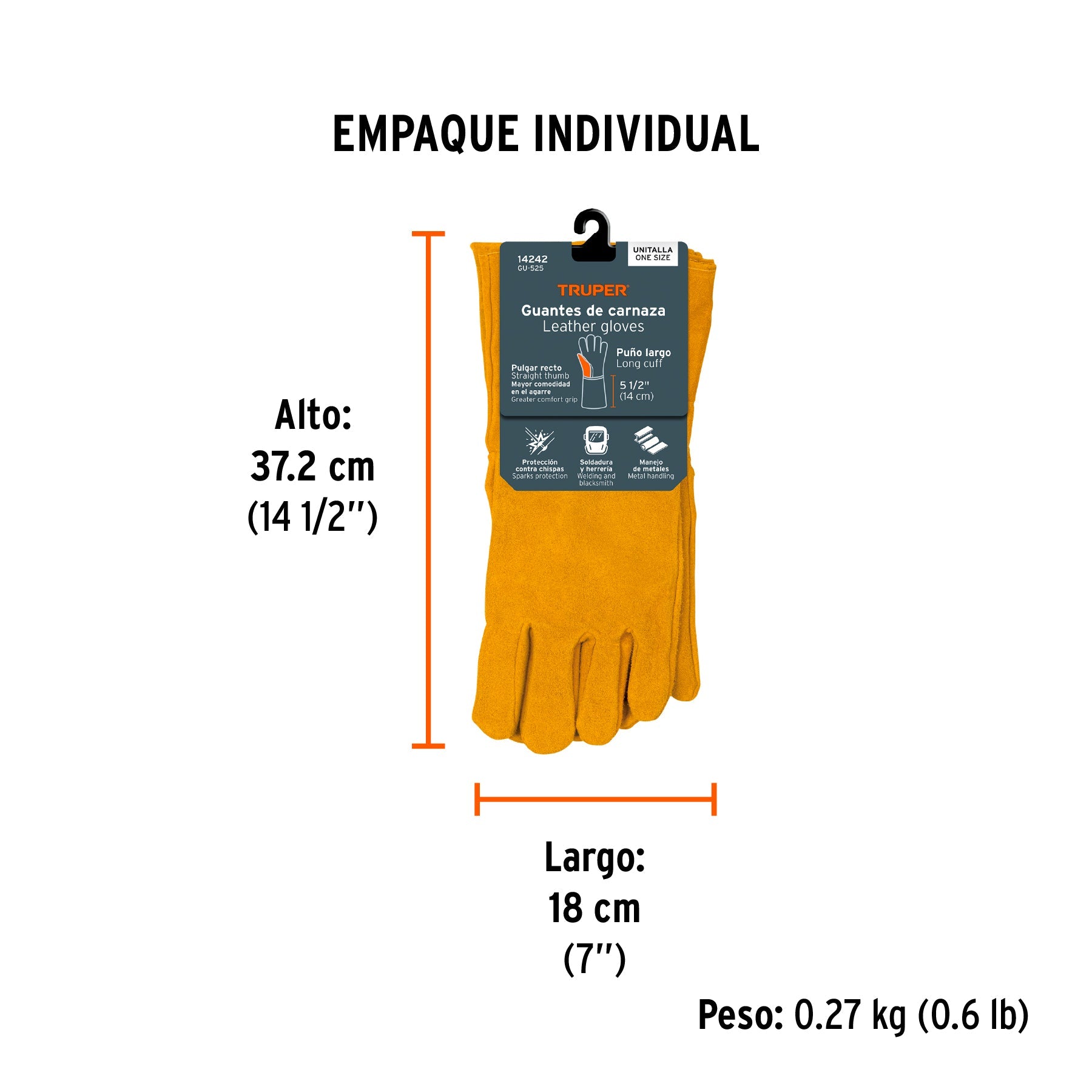Guantes de carnaza, largos, unitalla, TRUPER - Empaque