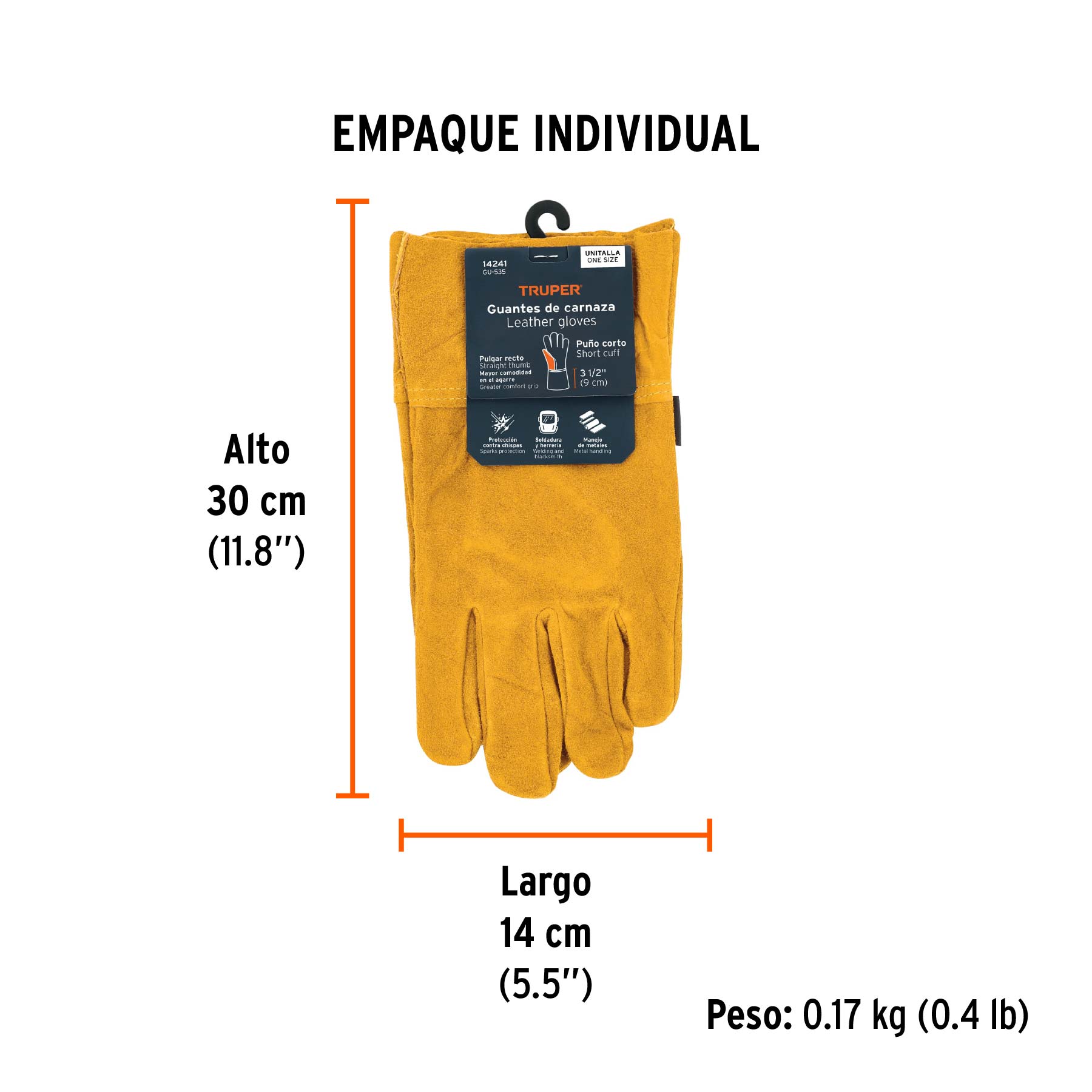 Guantes de carnaza, cortos, unitalla, TRUPER - Empaque