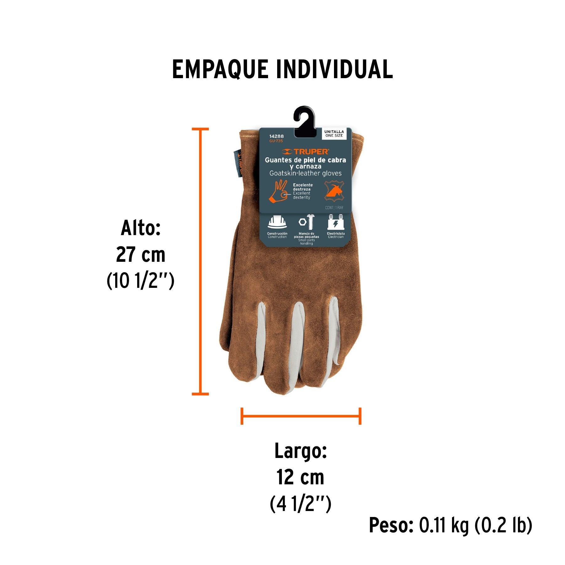 Guantes de piel de cabra con dorso de carnaza, TRUPER - Empaque