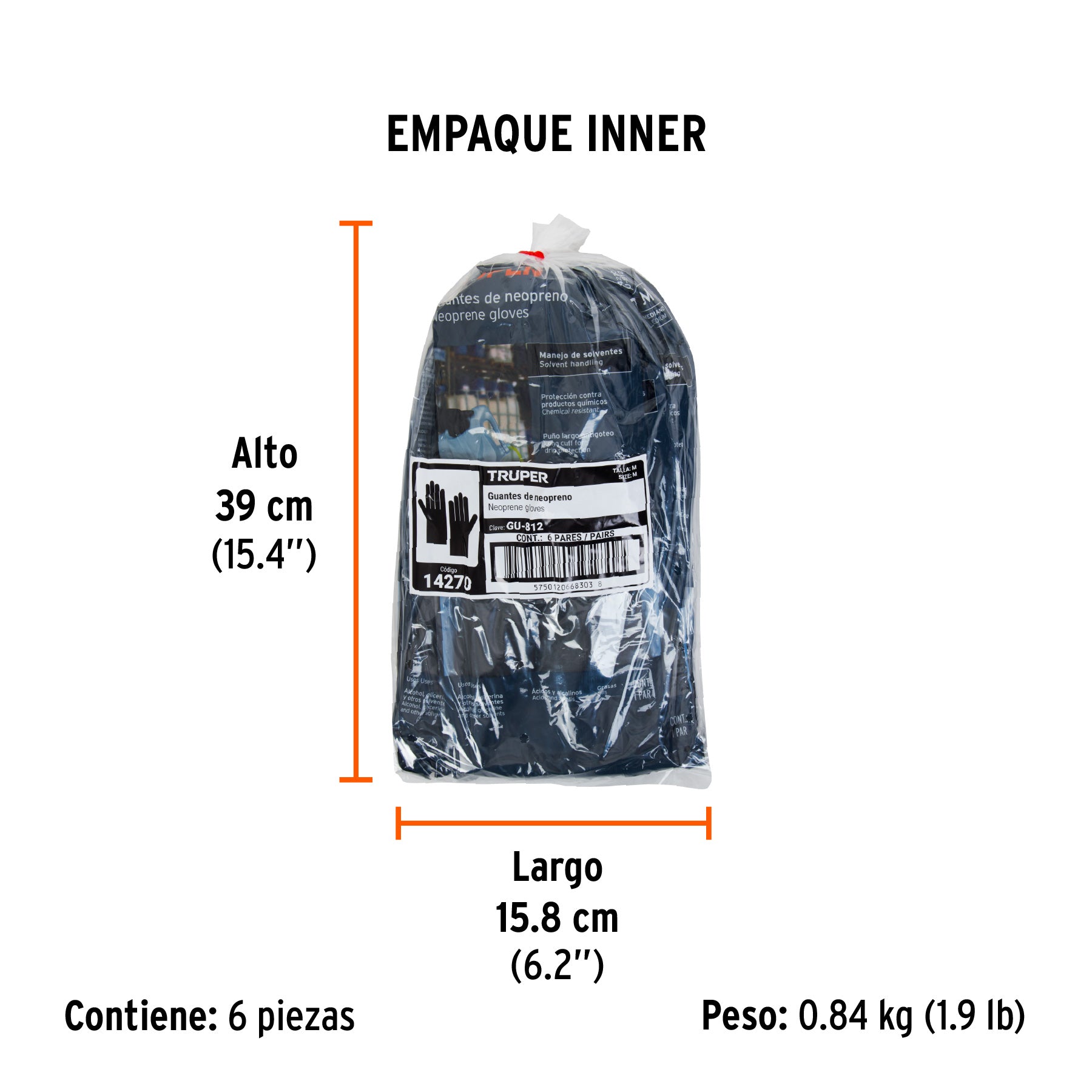Guantes de neopreno para manejo de químicos, M, TRUPER - Empaque