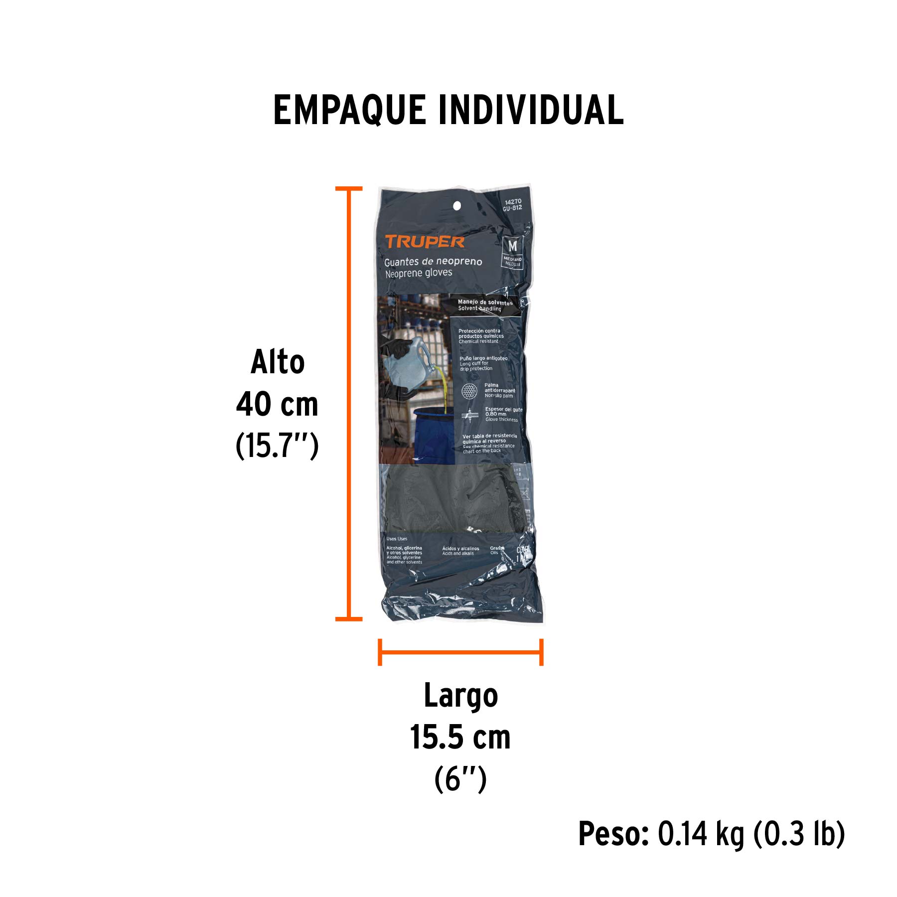 Guantes de neopreno para manejo de químicos, M, TRUPER - Empaque
