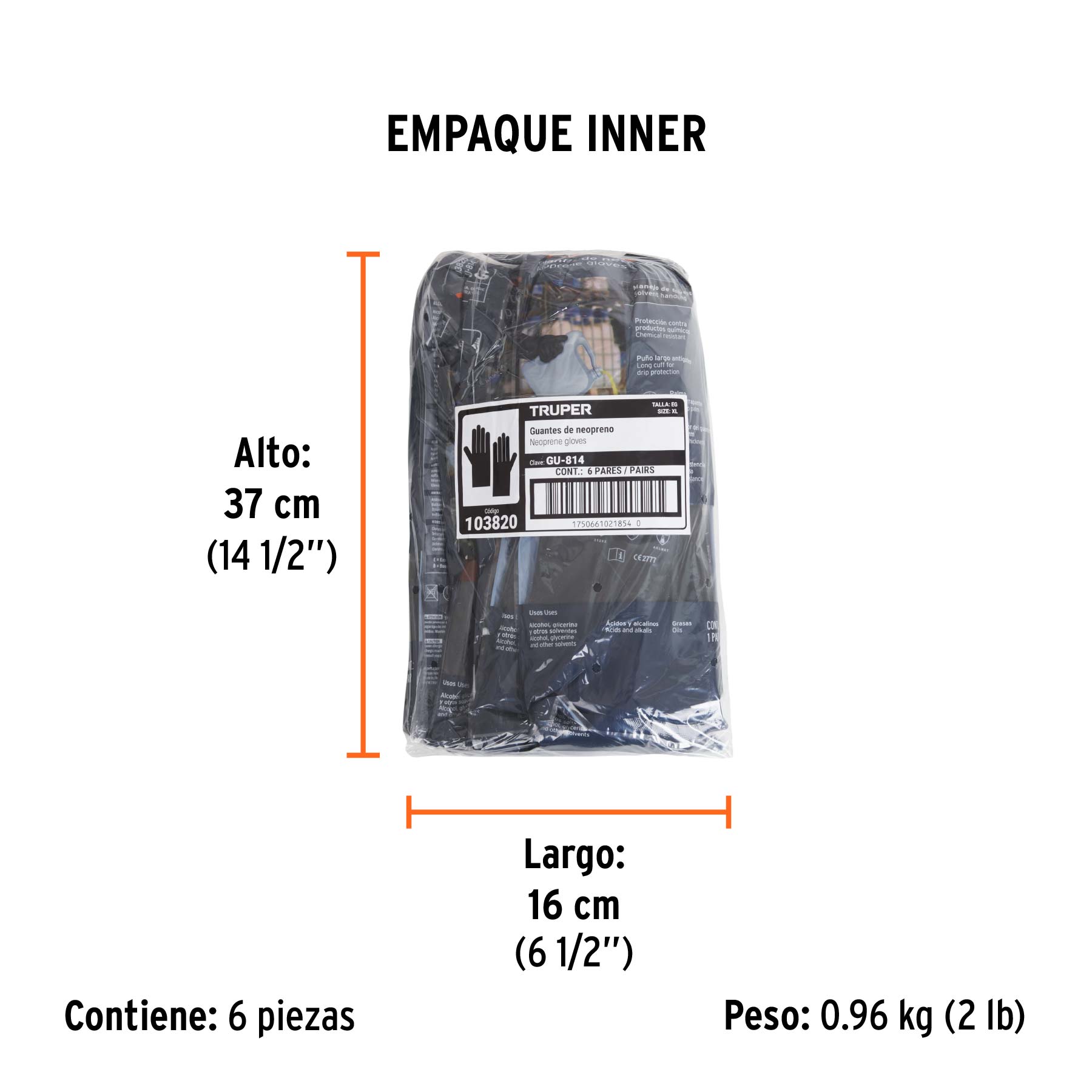 Guantes de neopreno p/manejo de químicos, XG, TRUPER - Empaque