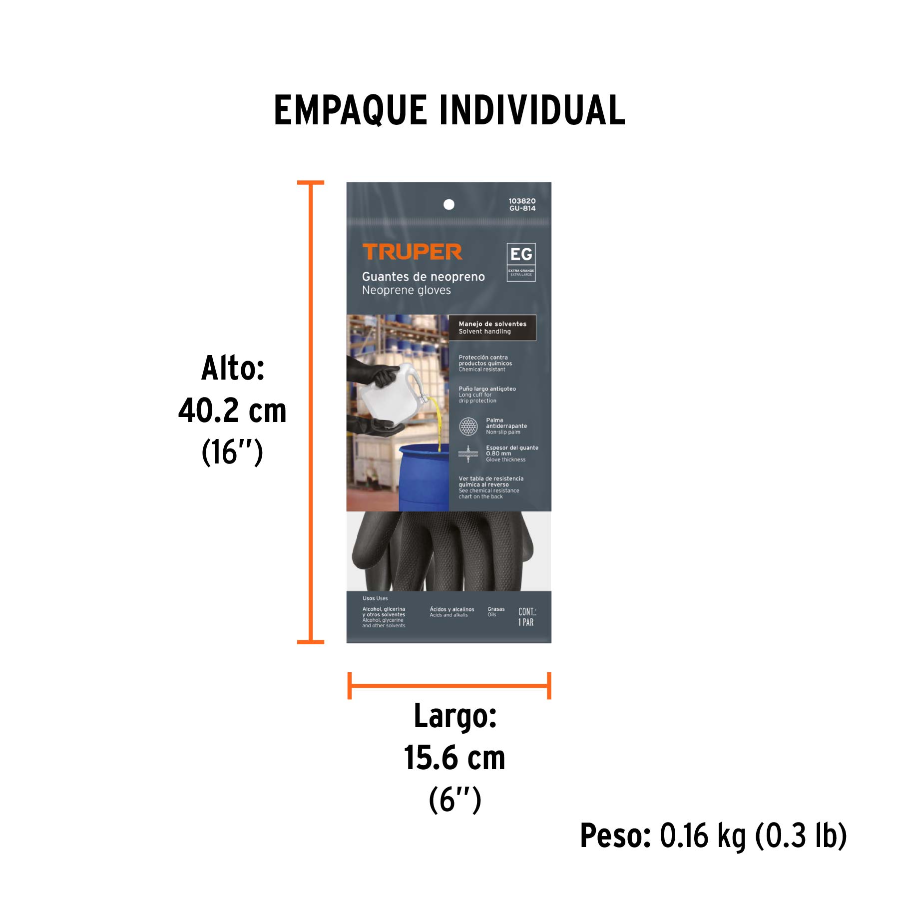 Guantes de neopreno p/manejo de químicos, XG, TRUPER - Empaque