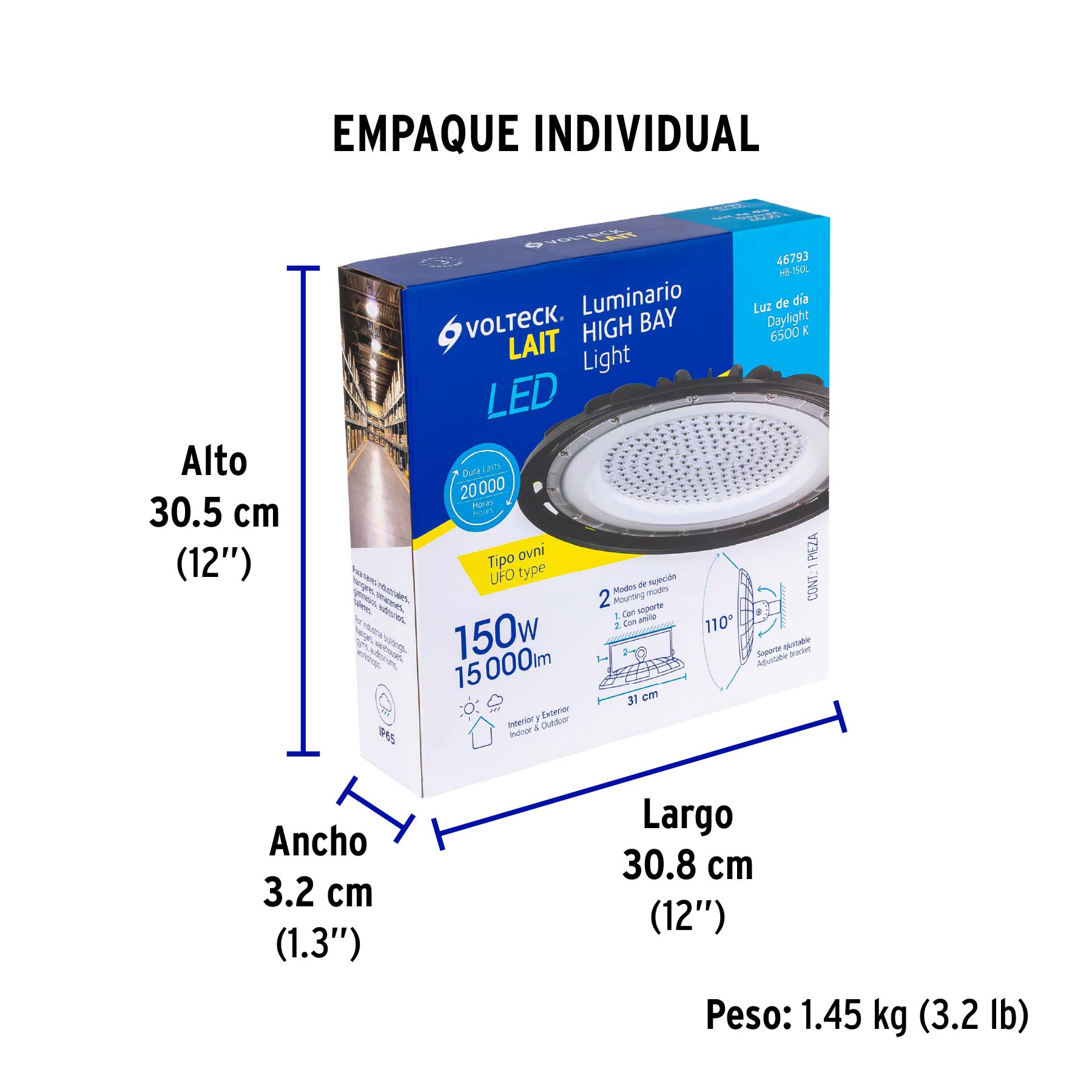 Luminario LED High Bay 150 W 6500 K, VOLTECK - Empaque