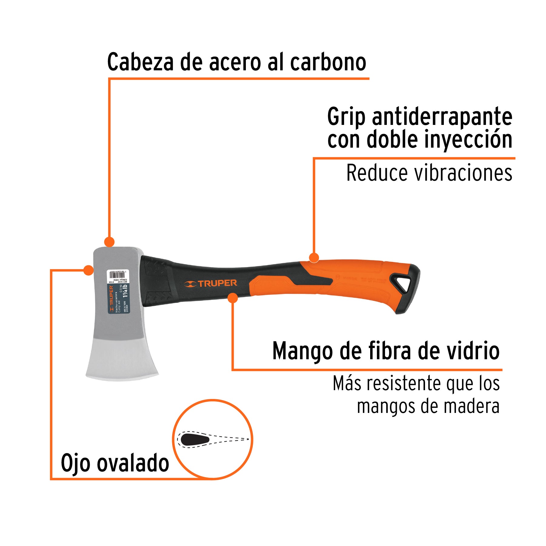 Hacha cazadora 1-1/4 lb, mango fibra de vidrio 14", TRUPER