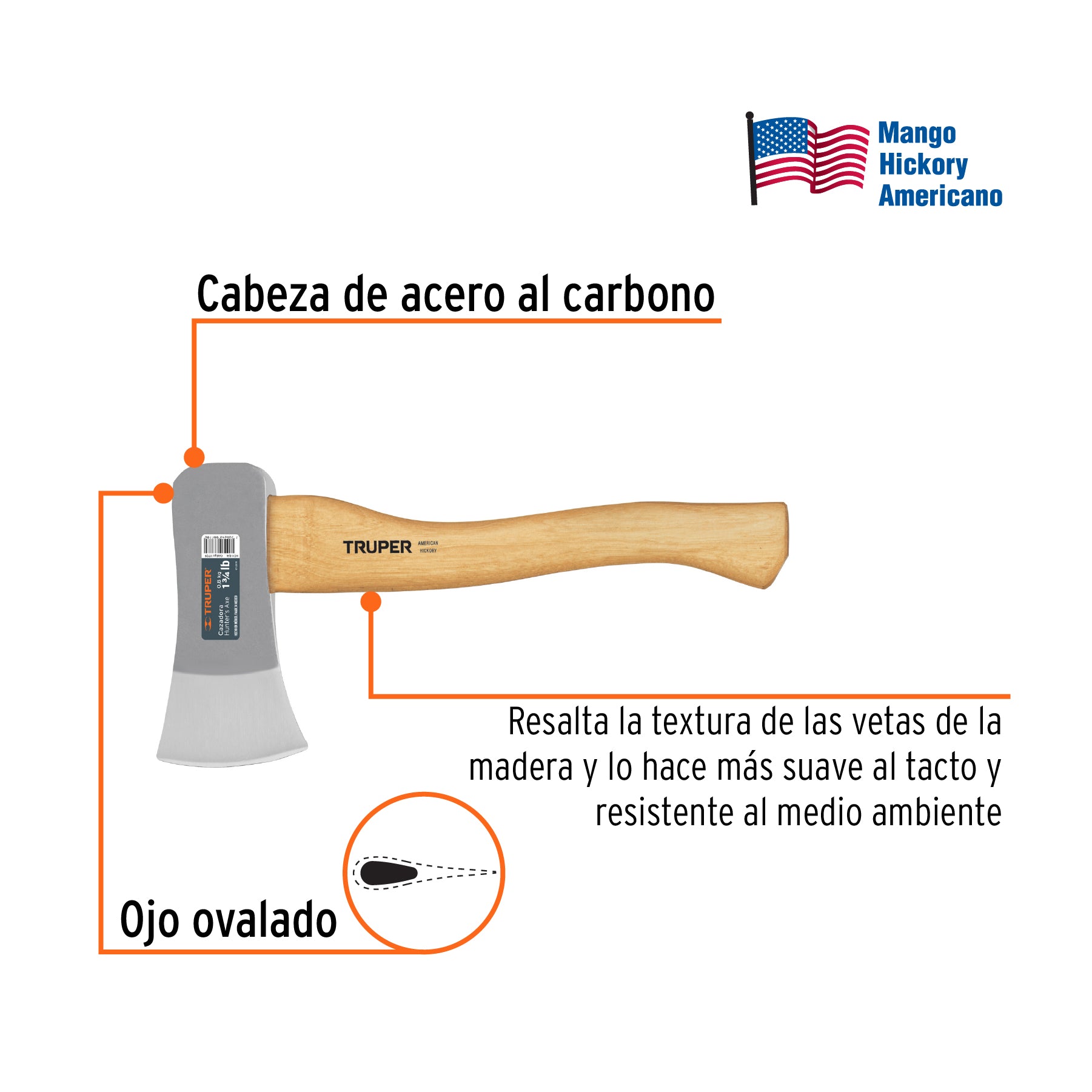 Hacha cazadora 1-3/4 lb, mango hickory 15", TRUPER