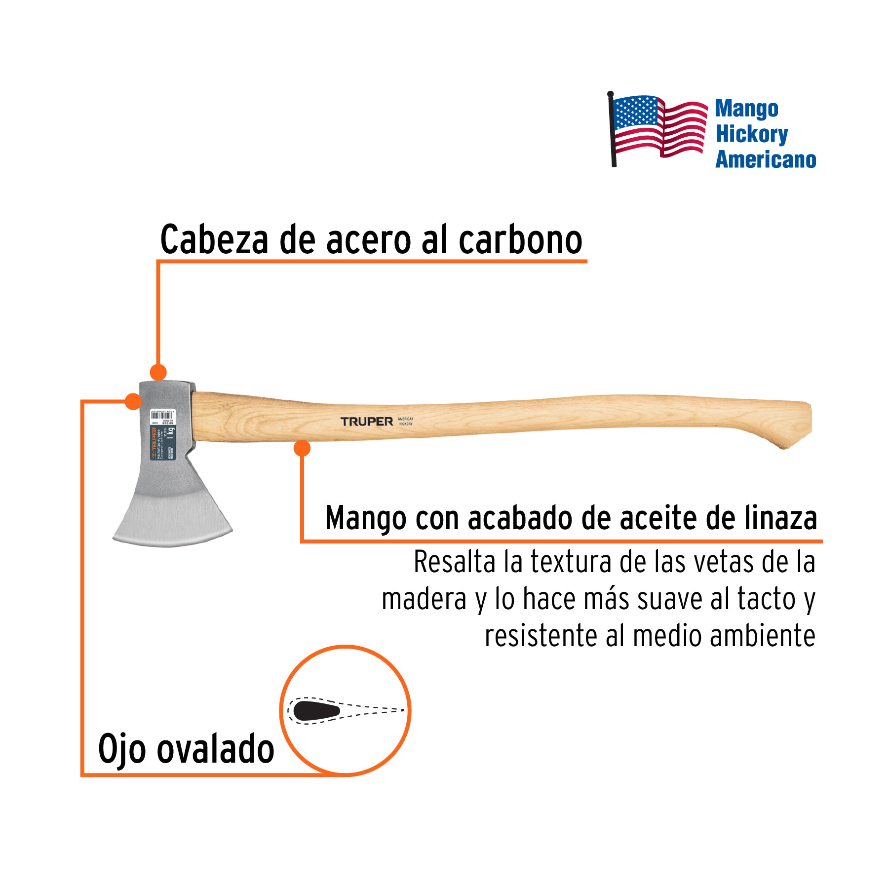 Hacha europea 1000 g, mango hickory 28", TRUPER