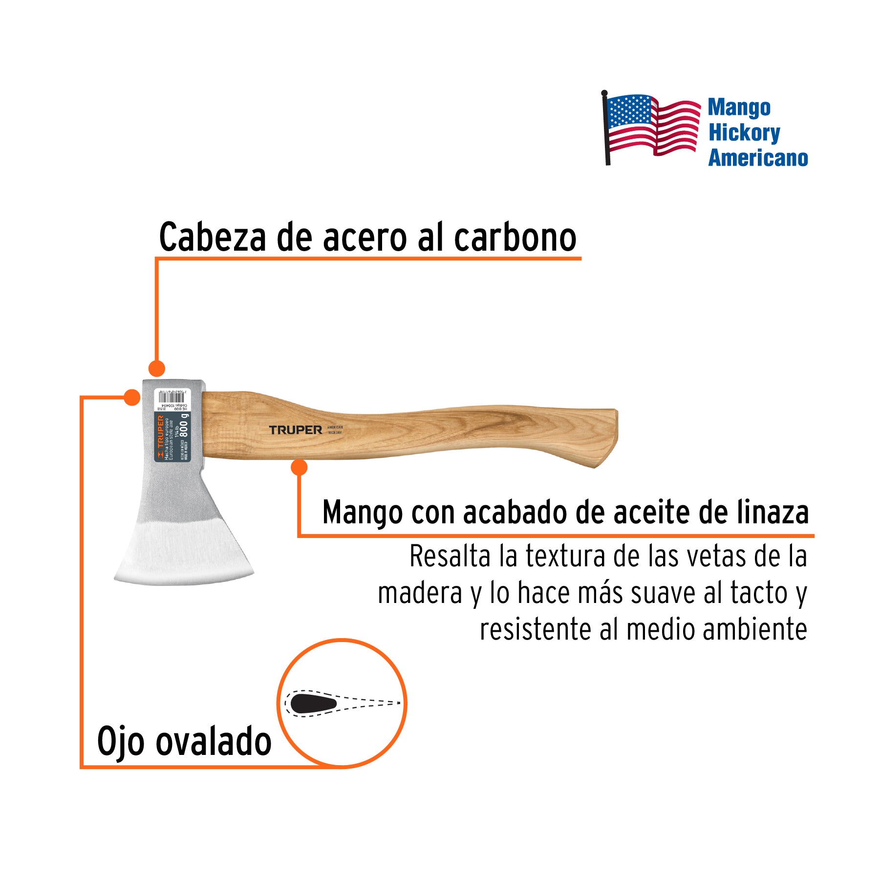 Hacha europea, 800 g, mango hickory 15", TRUPER