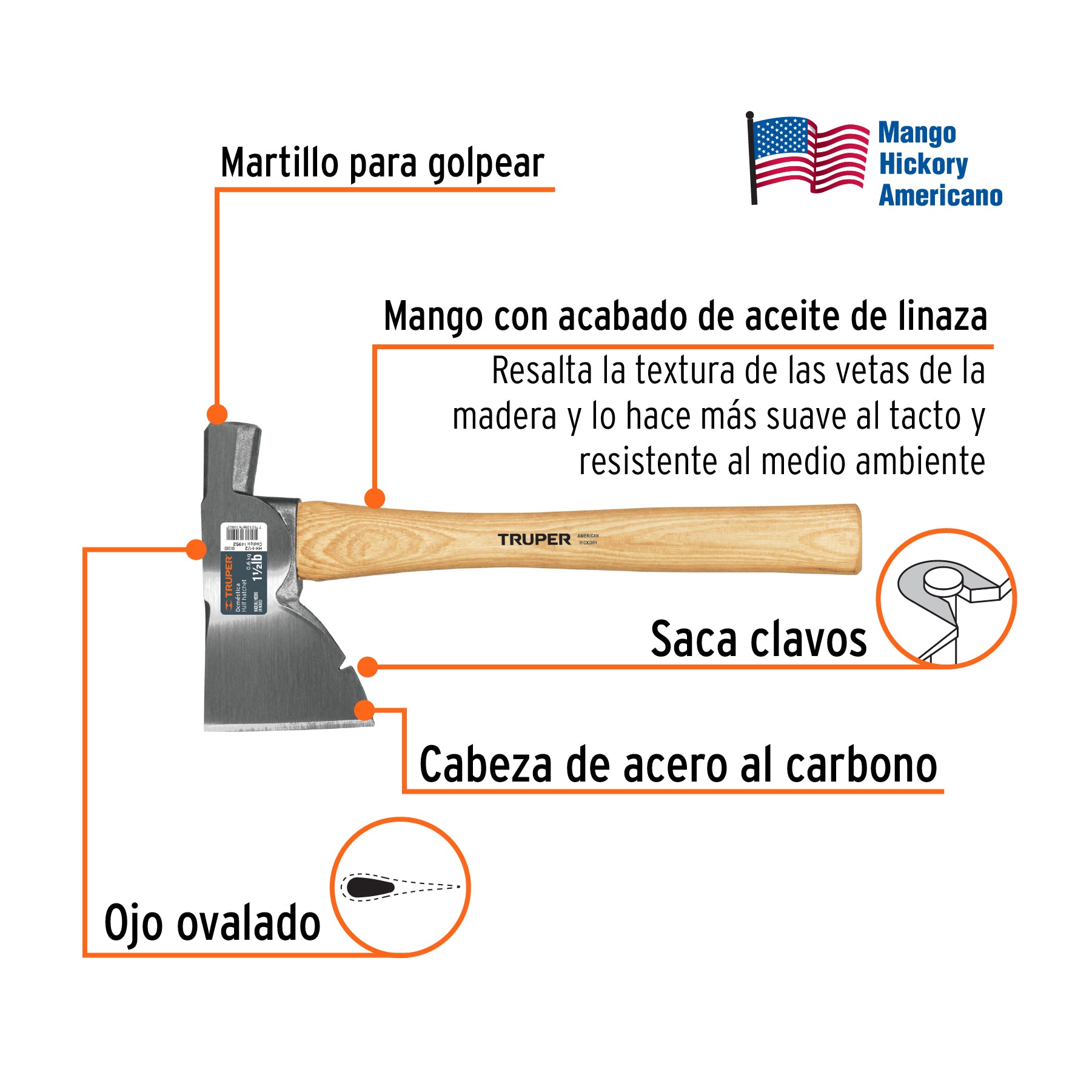 Hacha Doméstica 1-1/2 lb, mango hickory 14", TRUPER