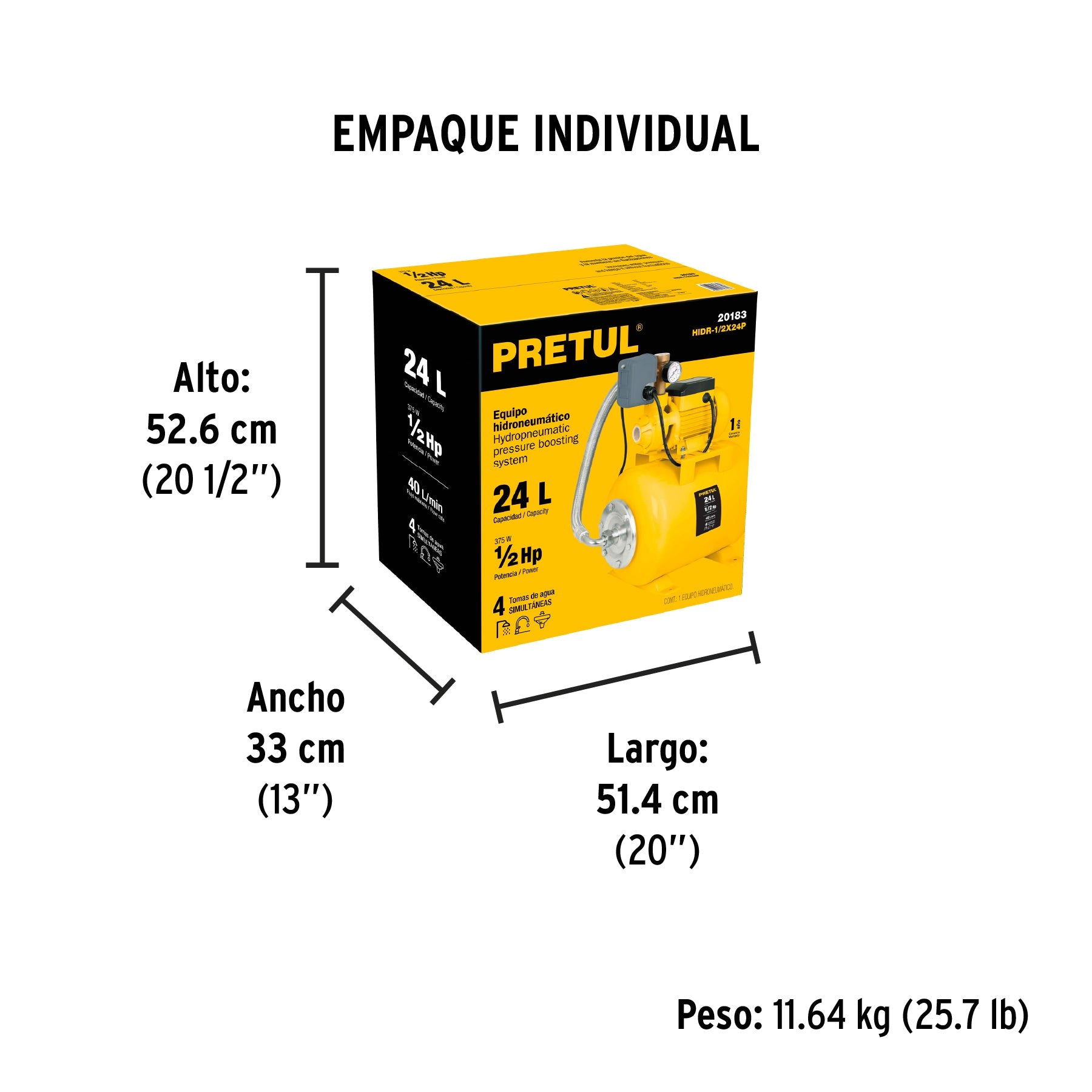 Equipo hidroneumático 24L, bomba periférica 1/2 HP, PRETUL - Empaque