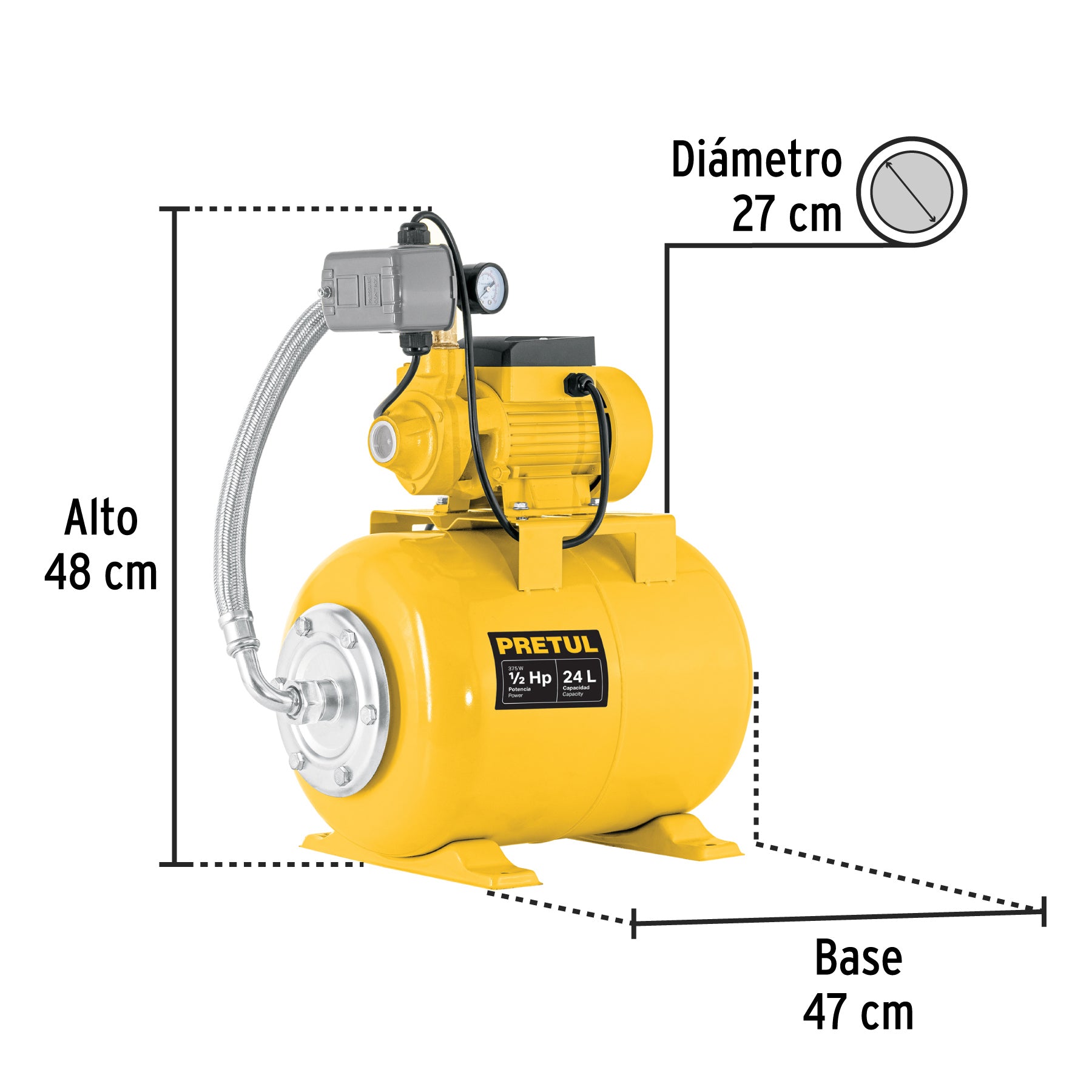 Equipo hidroneumático 24L, bomba periférica 1/2 HP, PRETUL