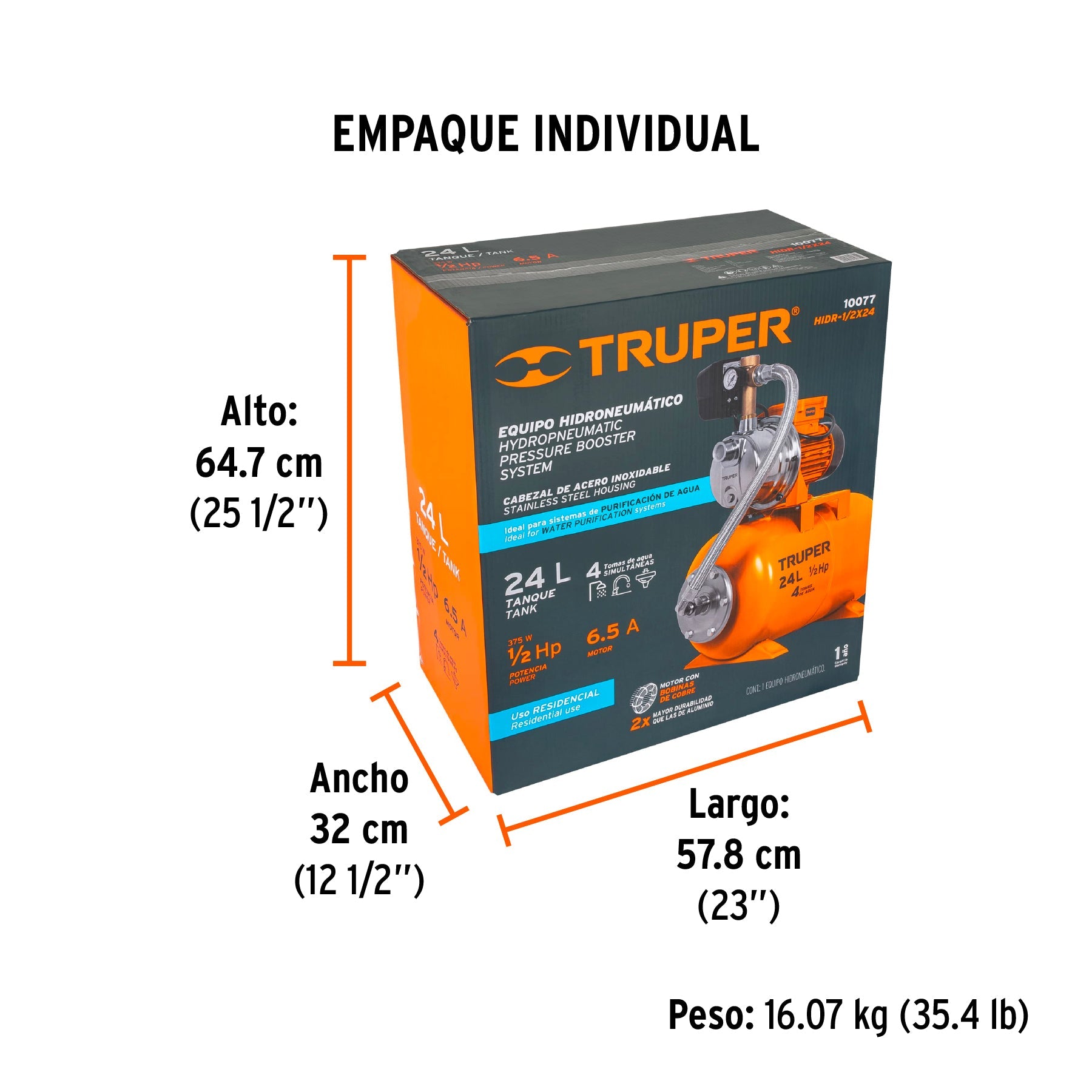 Equipo hidroneumático 24L, jet inoxidable 1/2 HP, TRUPER - Empaque