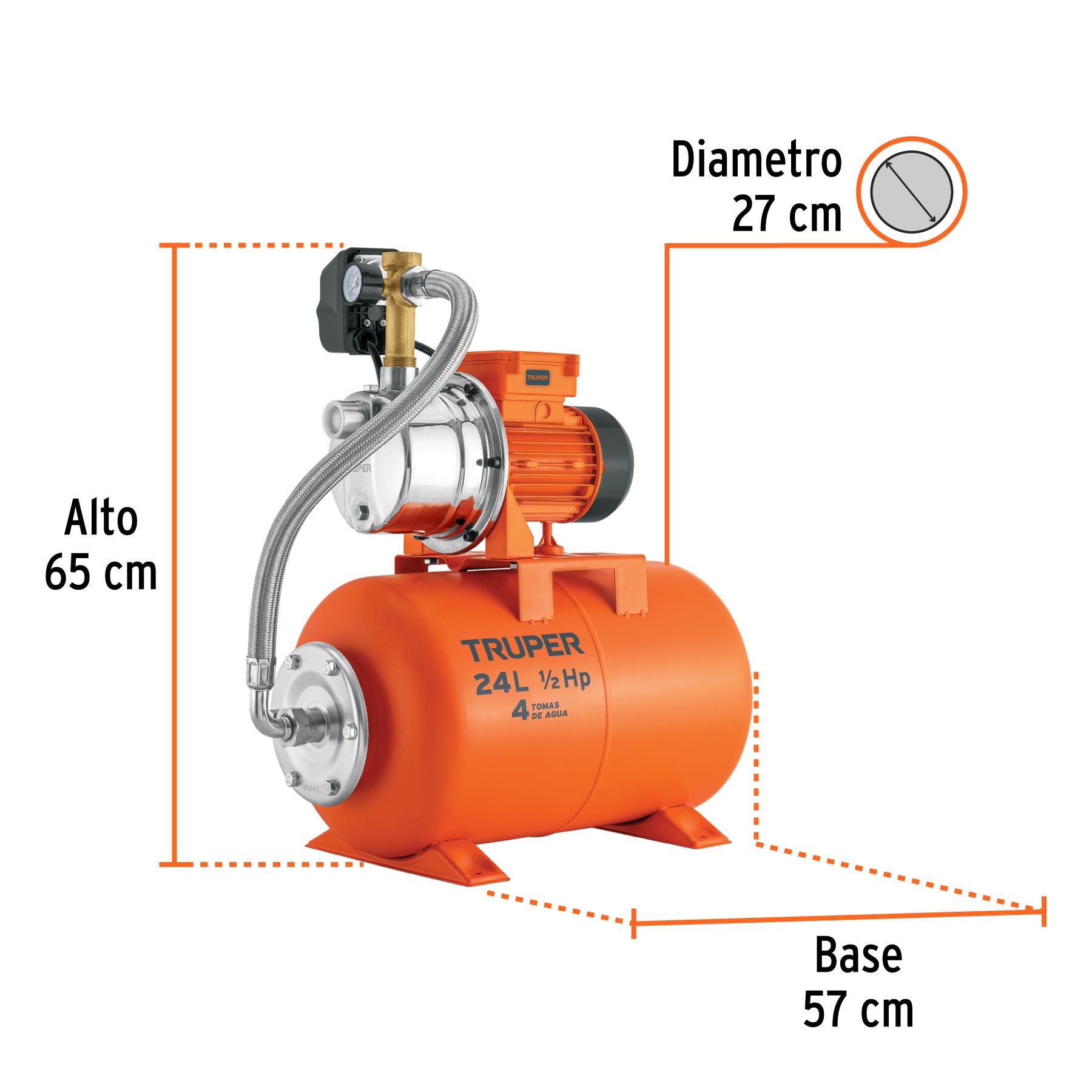 Equipo hidroneumático 24L, jet inoxidable 1/2 HP, TRUPER