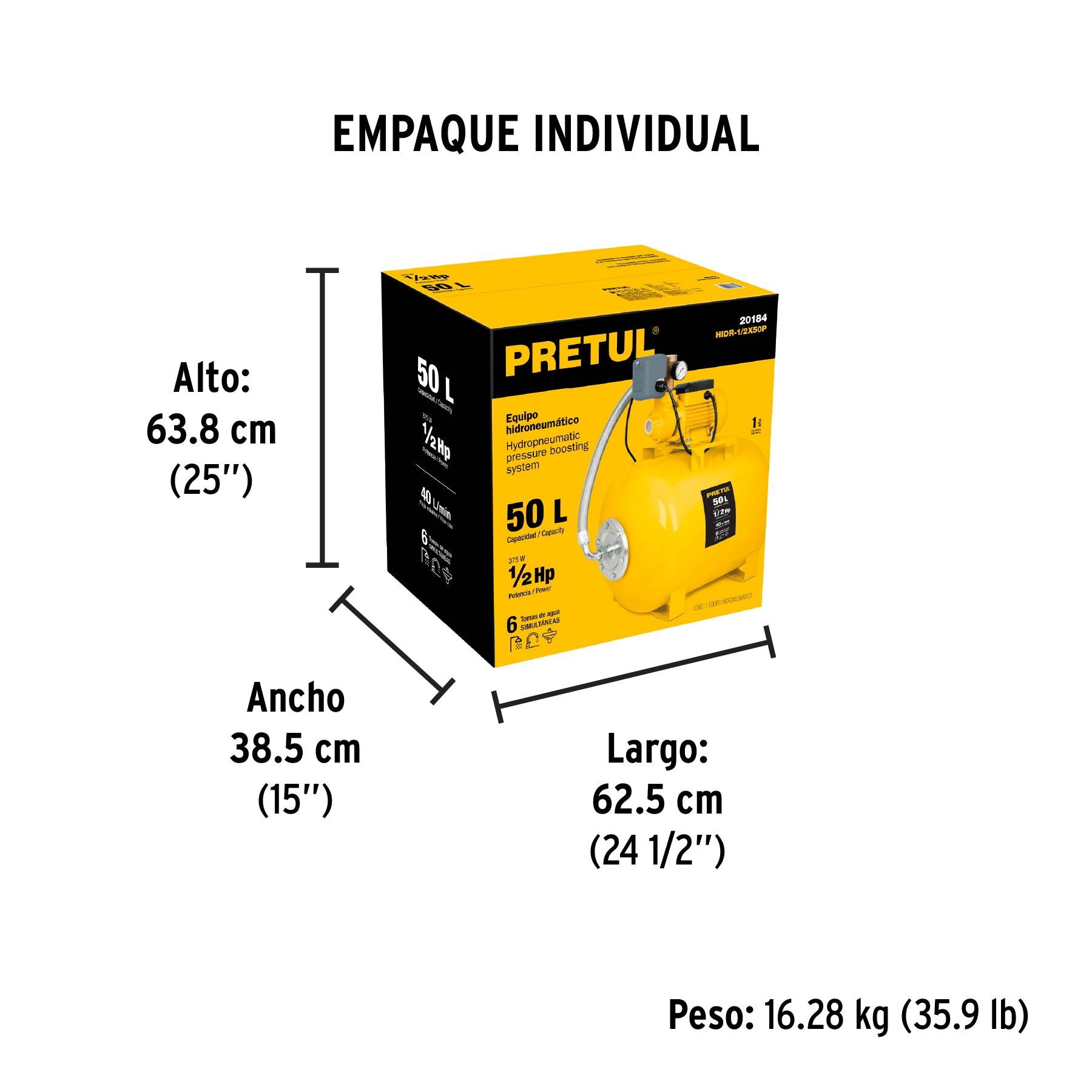 Equipo hidroneumático 50L, bomba periférica 1/2 HP, PRETUL - Empaque