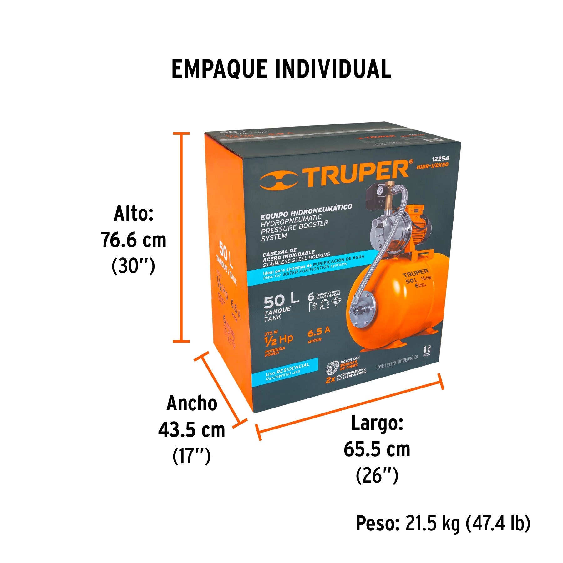 Equipo hidroneumático 50L, jet inoxidable 1/2 HP, TRUPER - Empaque