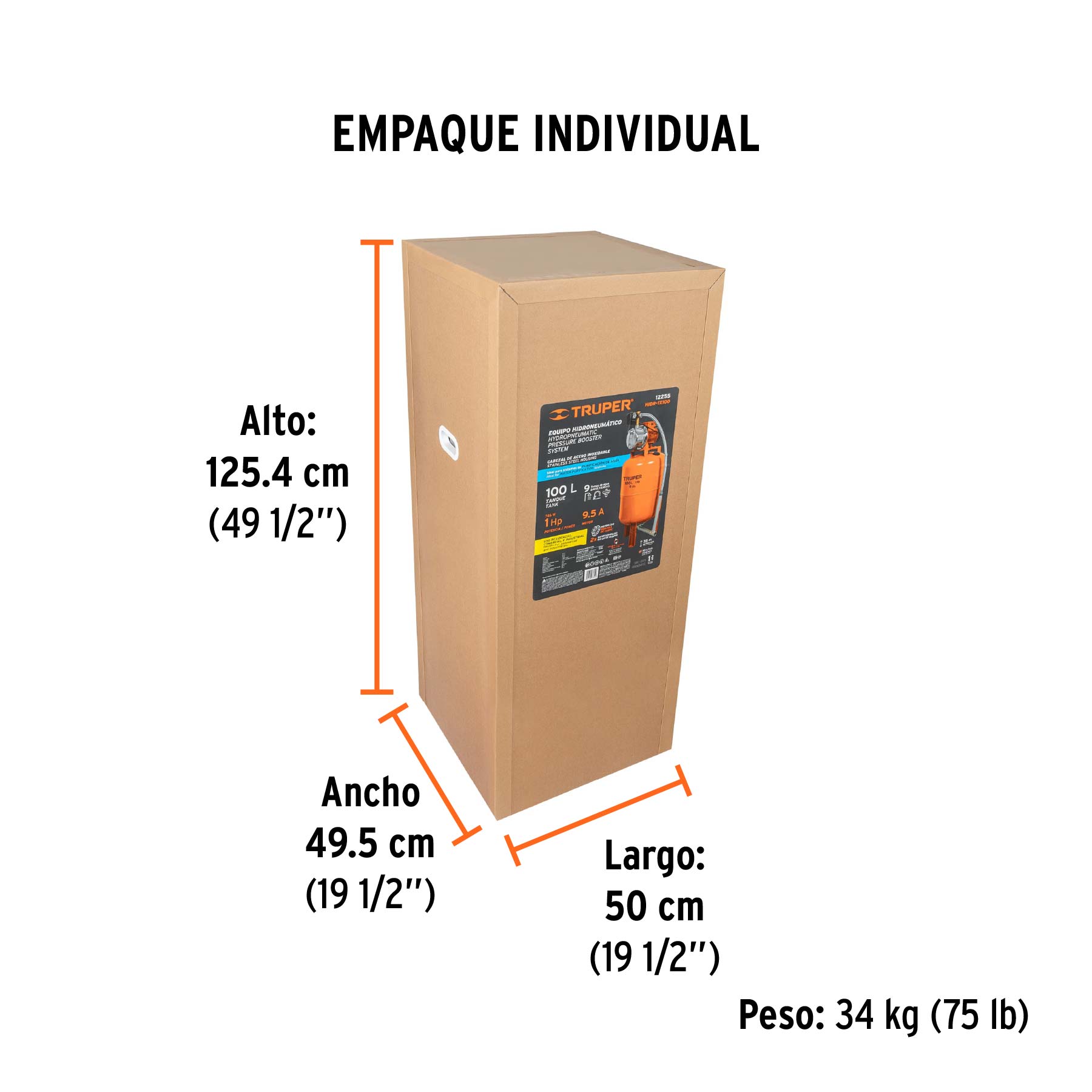 Equipo hidroneumático 100L, jet inoxidable 1 HP, TRUPER - Empaque