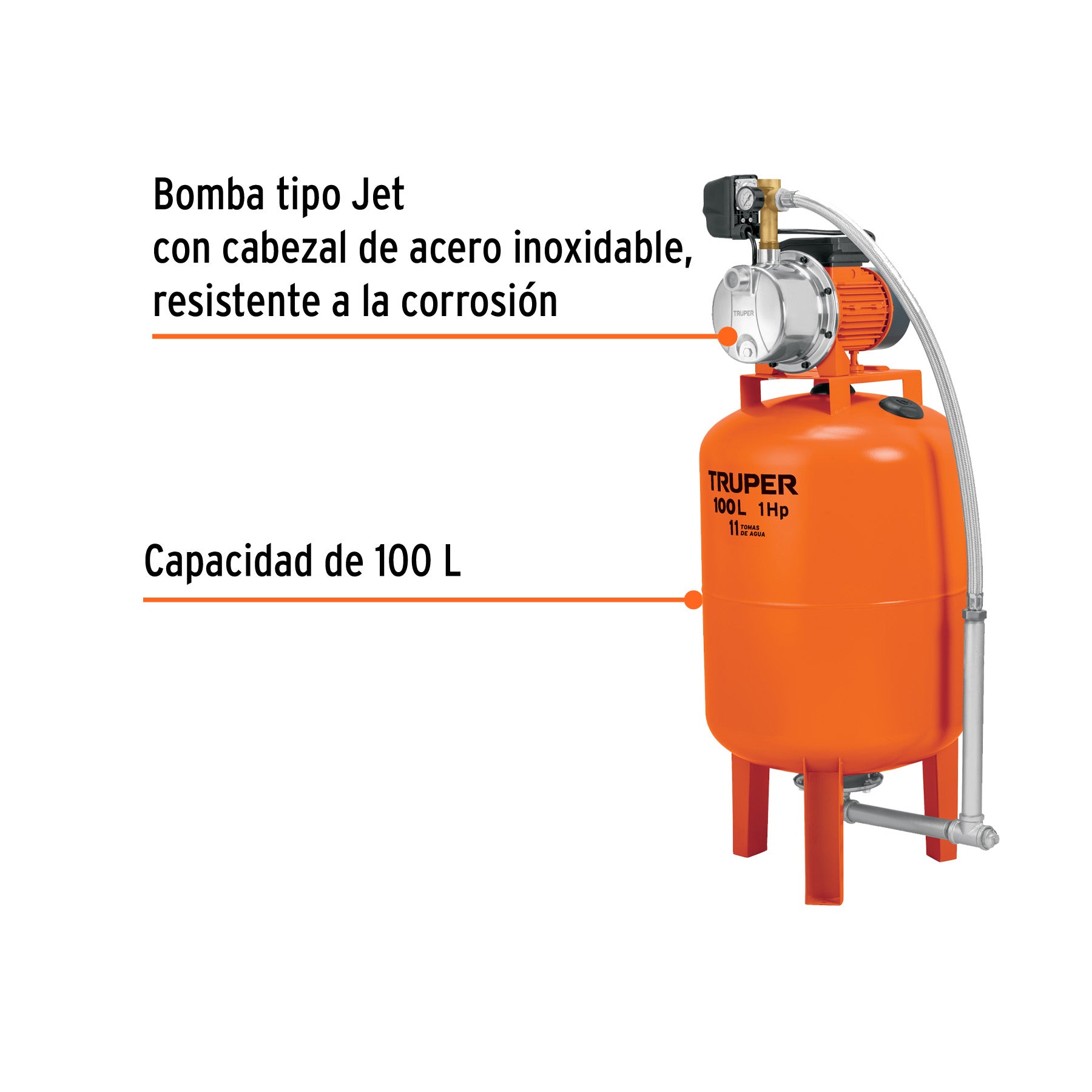 Equipo hidroneumático 100L, jet inoxidable 1 HP, TRUPER