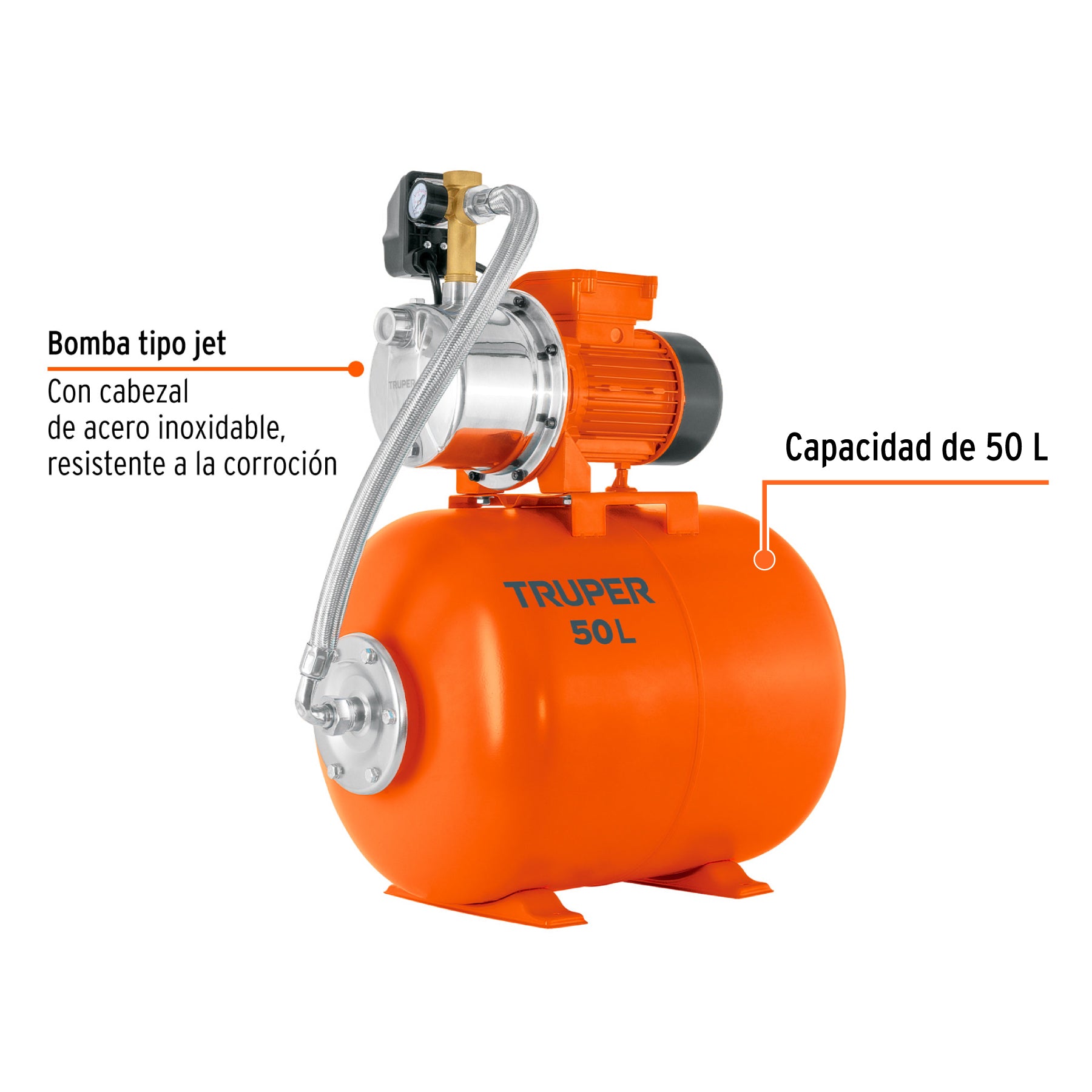 Equipo hidroneumático 50L, jet inoxidable 1 HP, TRUPER