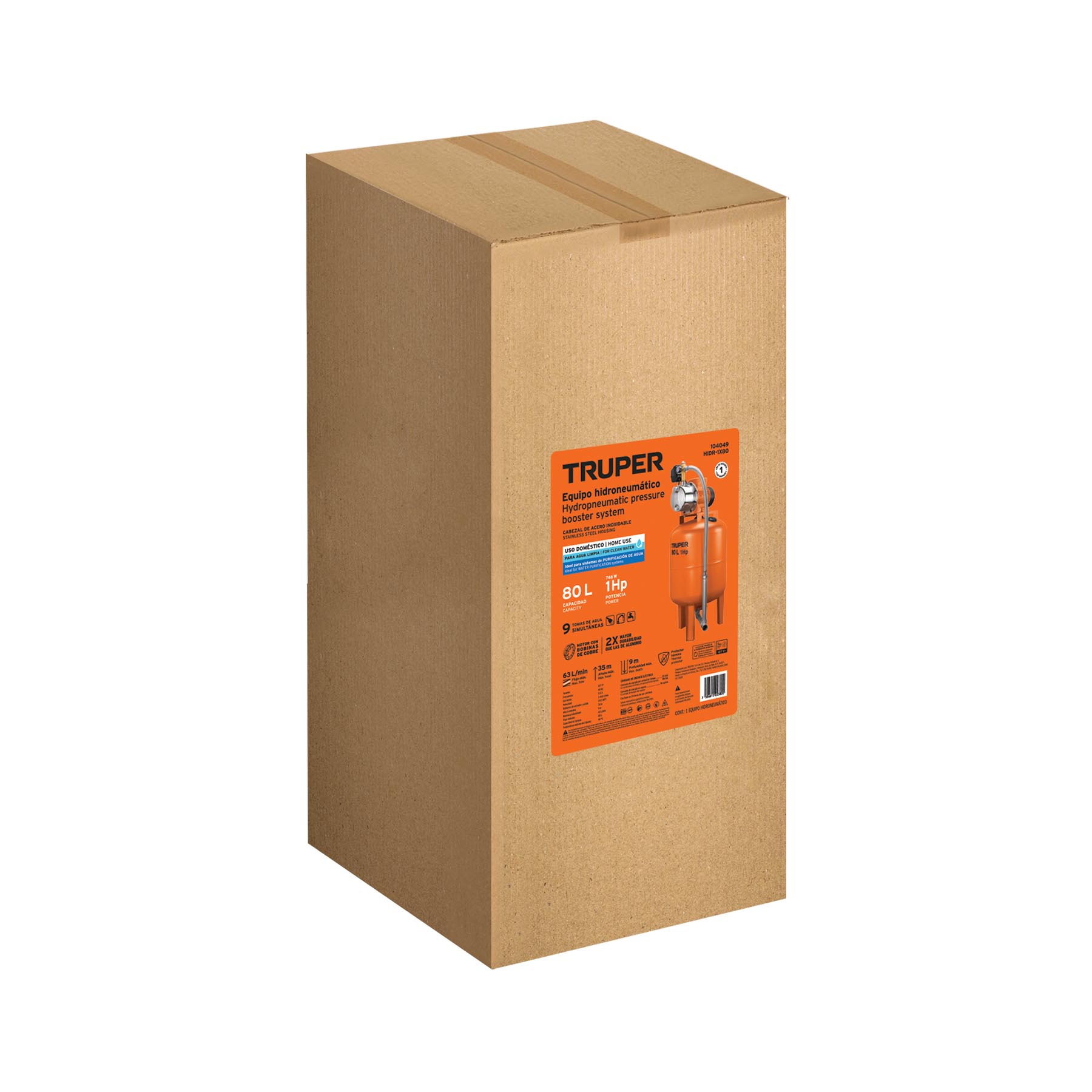 Equipo hidroneumático 80L, jet inoxidable 1 HP, TRUPER