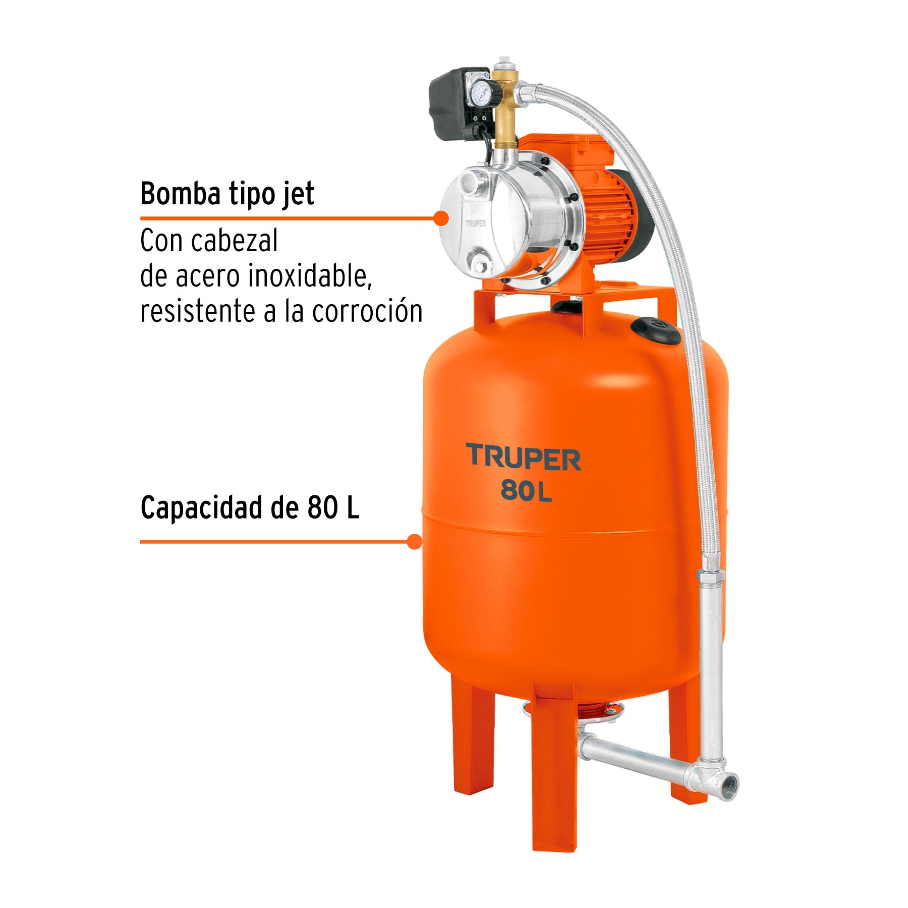 Equipo hidroneumático 80L, jet inoxidable 1 HP, TRUPER
