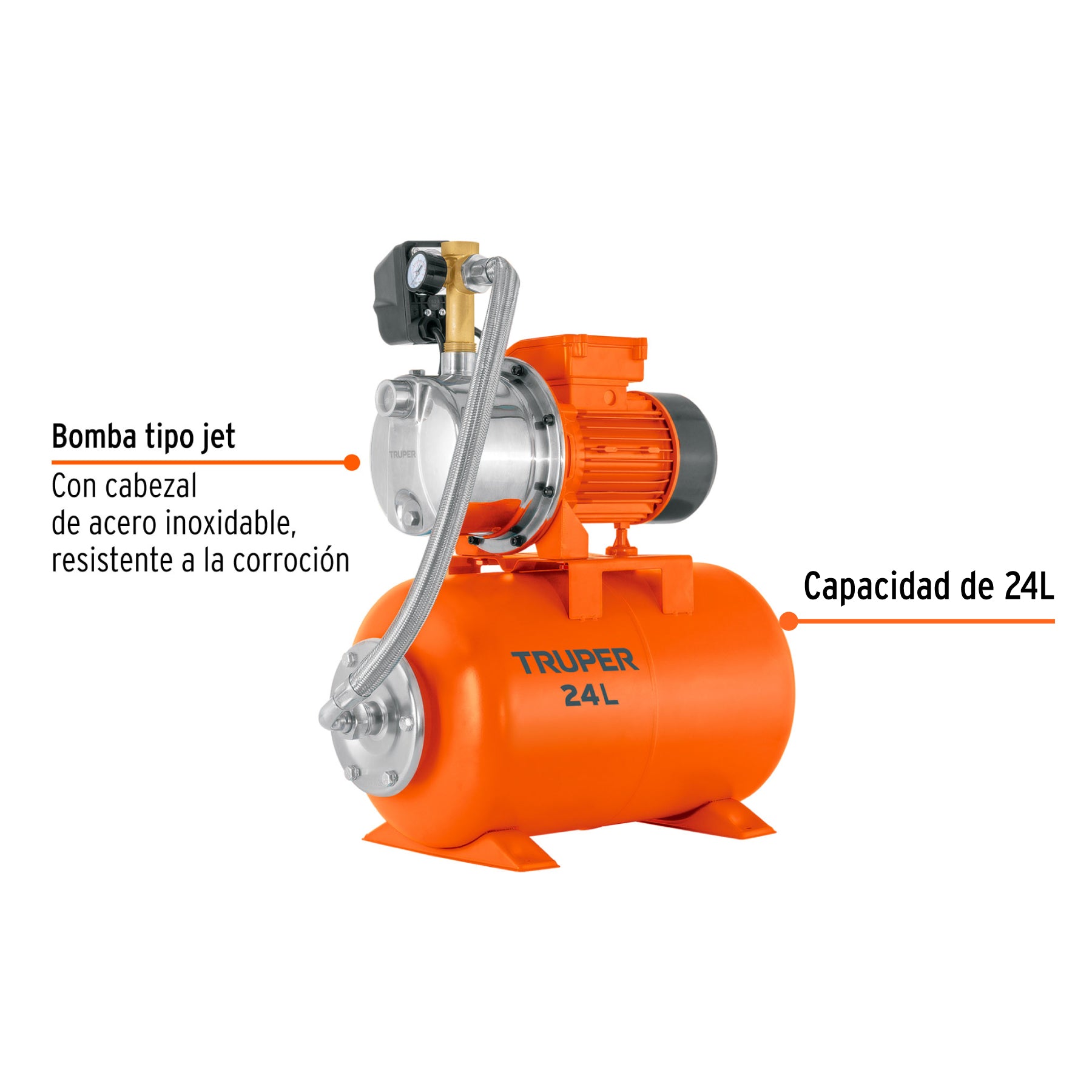 Equipo hidroneumático 24L, jet inoxidable 3/4 HP, TRUPER