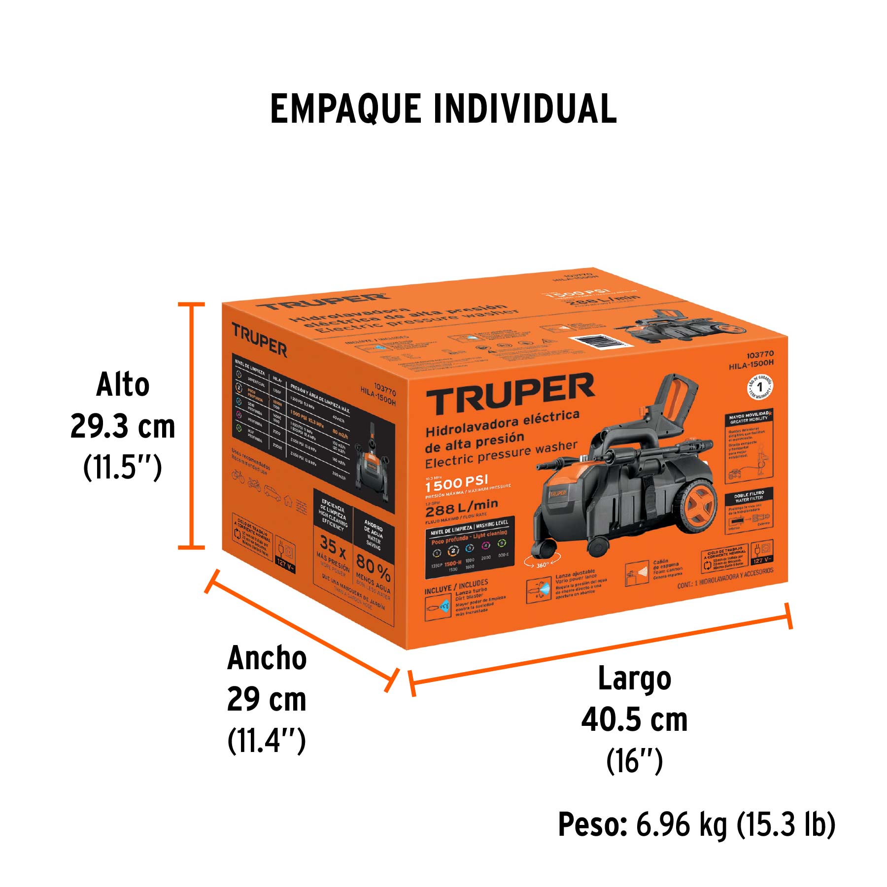Hidrolavadora eléctrica horizontal 1500 PSI, TRUPER - Empaque