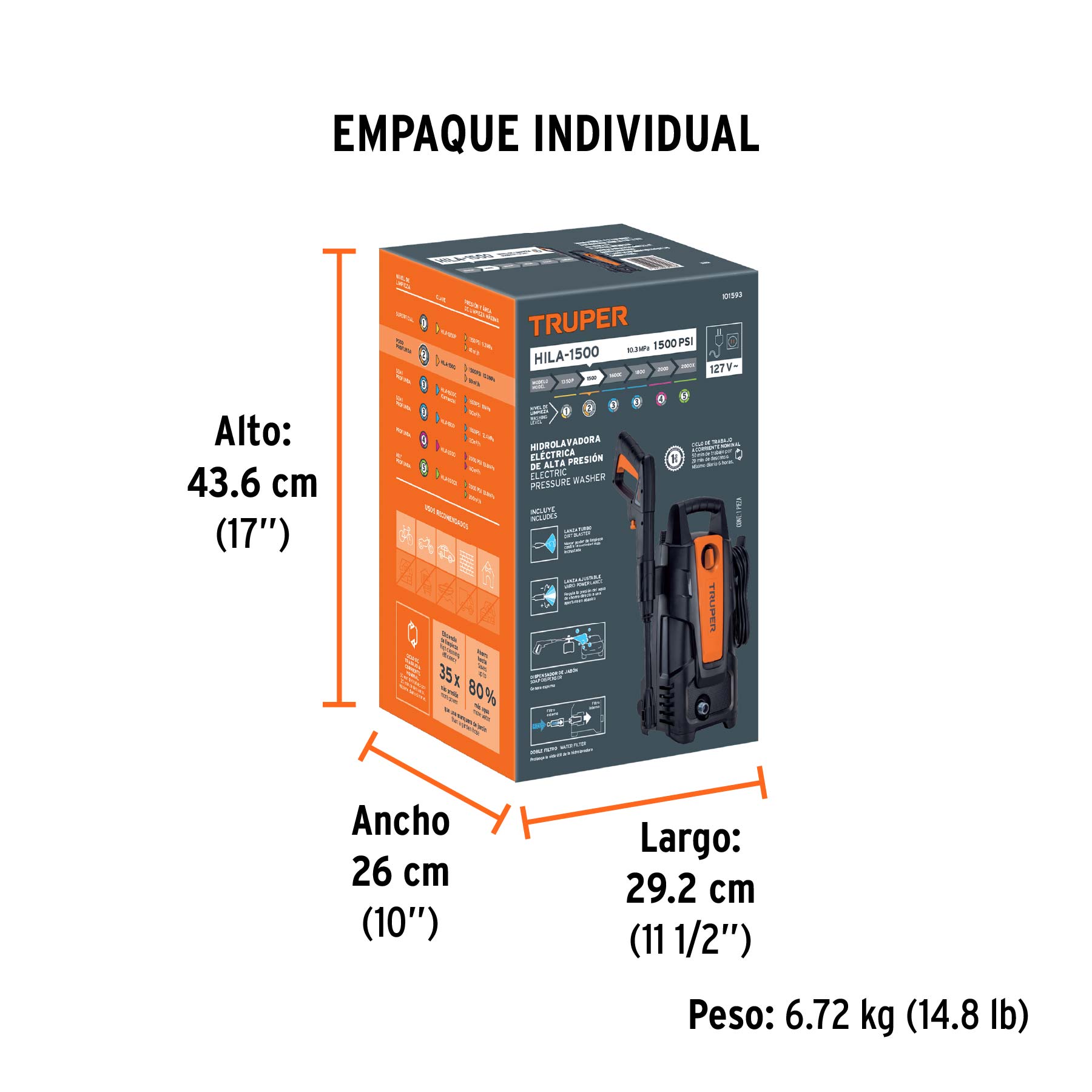 Hidrolavadora eléctrica 1500 PSI, TRUPER - Empaque