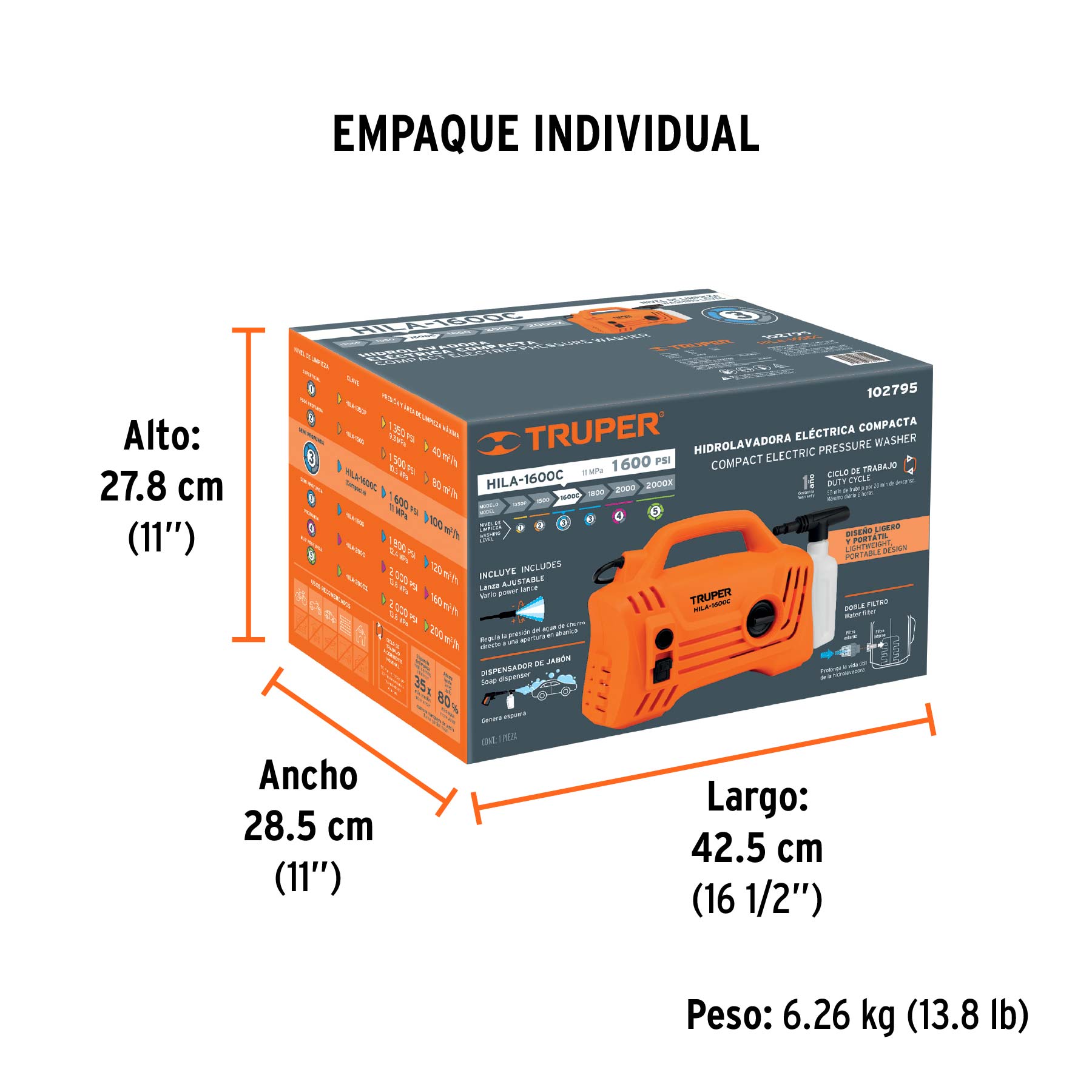 Hidrolavadora eléctrica compacta 1600 PSI, TRUPER - Empaque