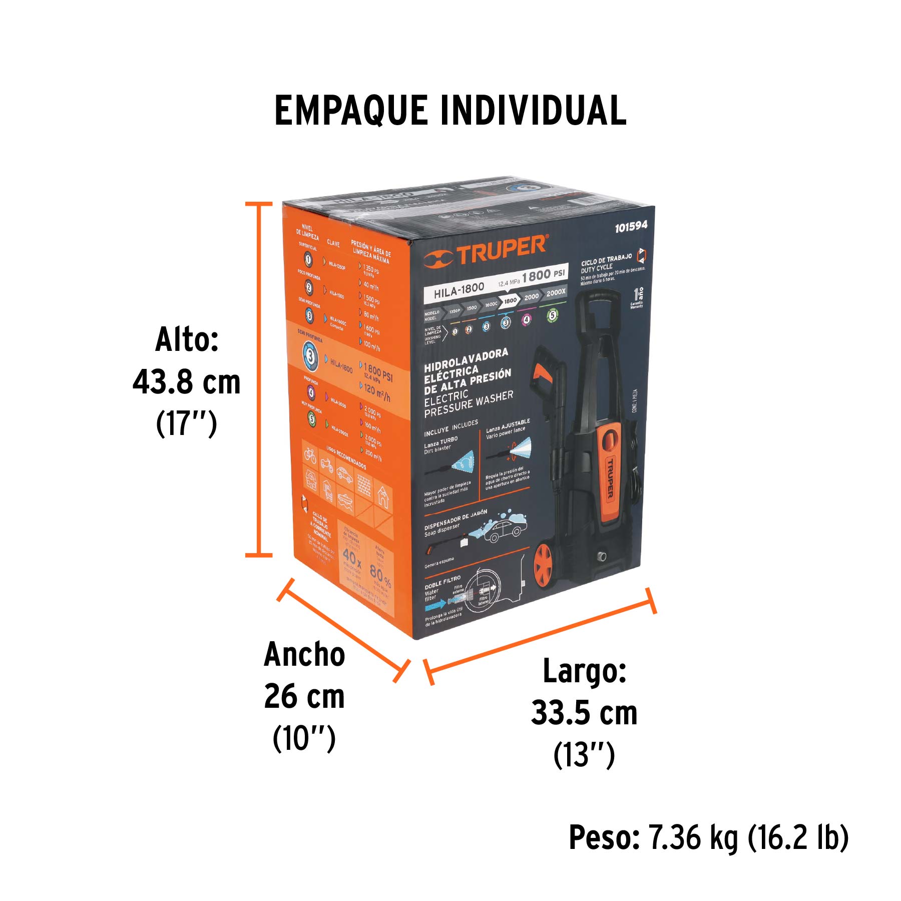 Hidrolavadora eléctrica 1800 PSI, TRUPER - Empaque