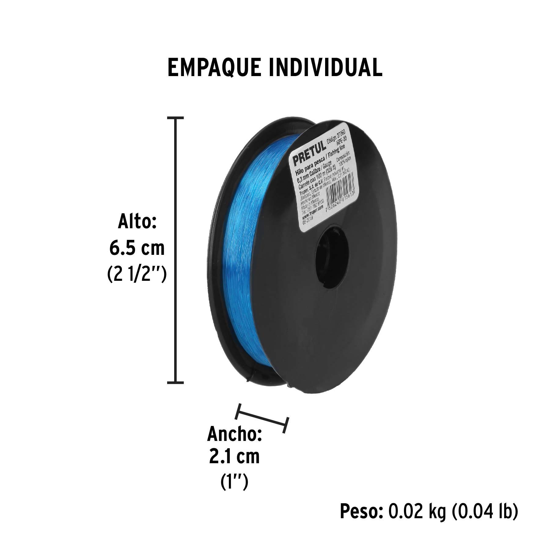 Carrete con 100 m de hilo para pesca azul calibre 0.30 mm - Empaque