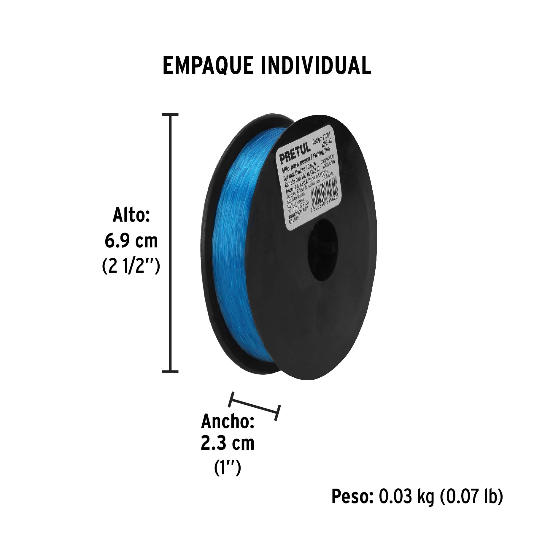 Carrete con 100 m de hilo para pesca azul calibre 0.40 mm - Empaque
