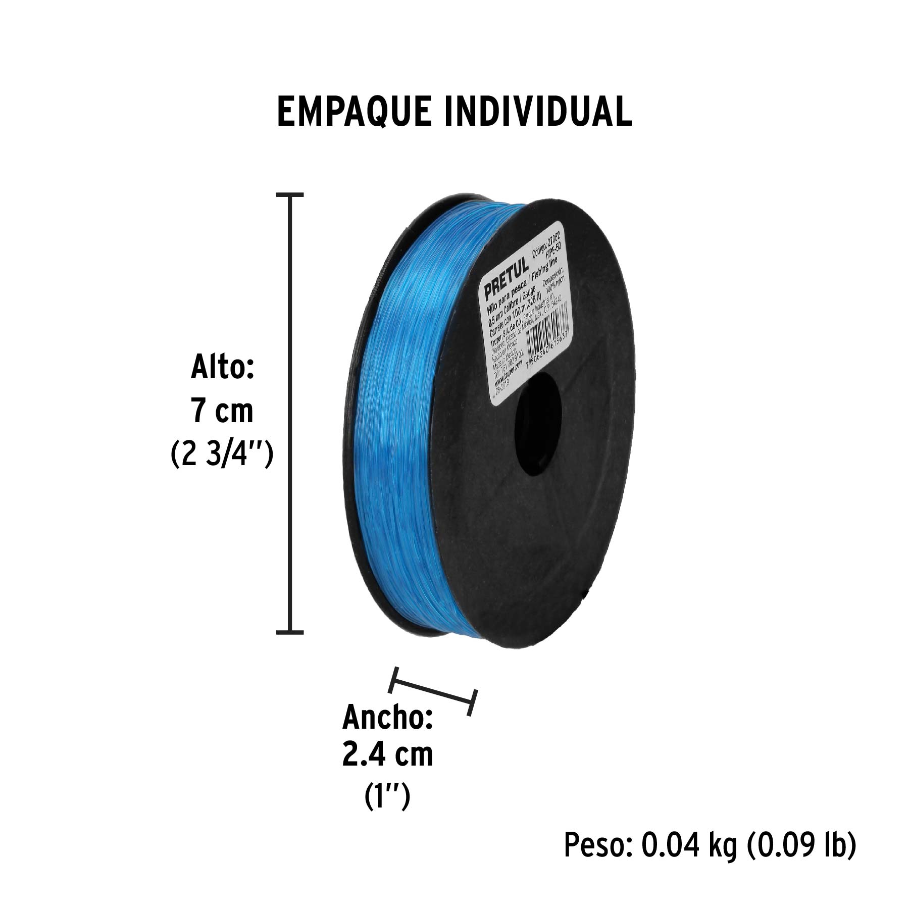 Carrete con 100 m de hilo para pesca azul calibre 0.50 mm - Empaque