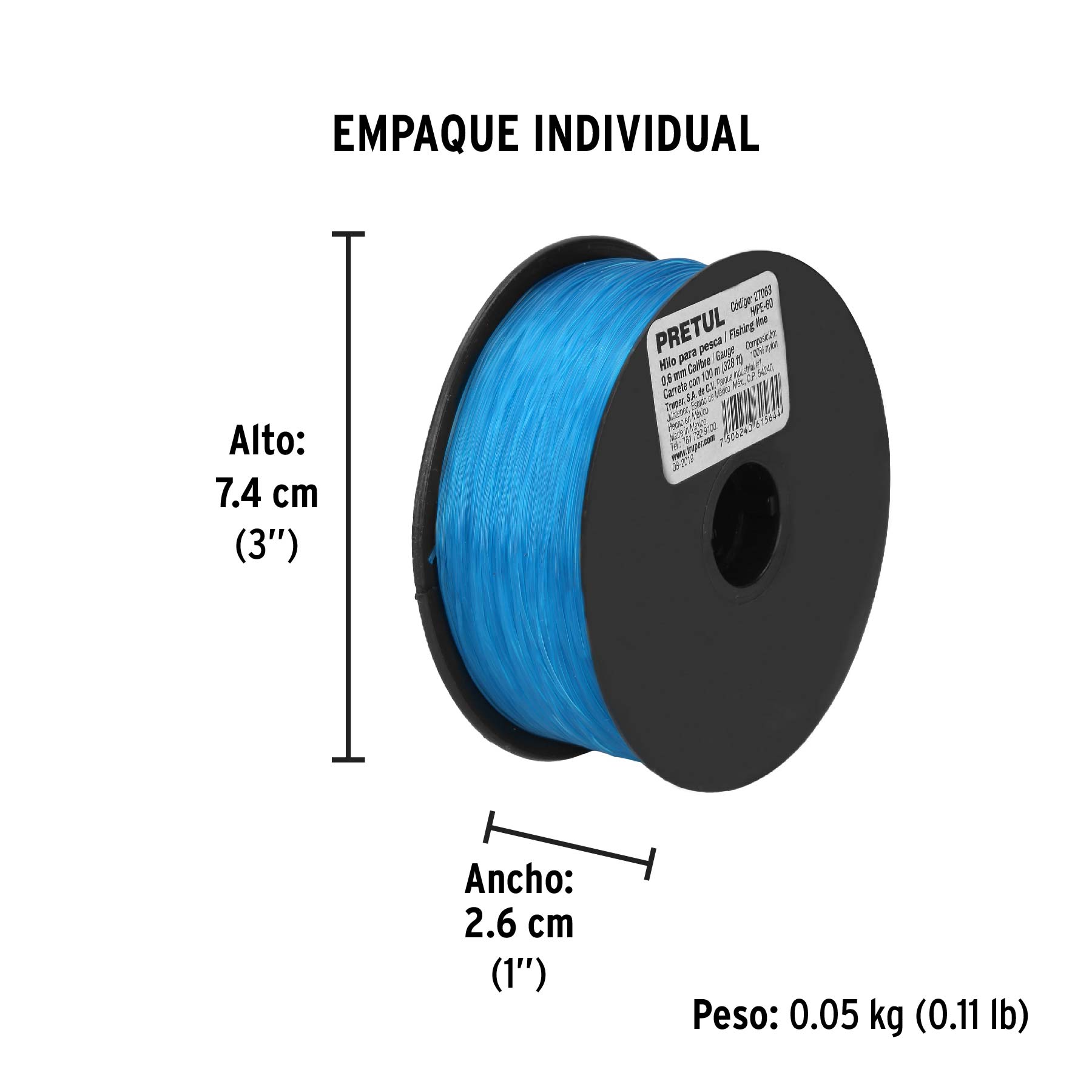 Carrete con 100 m de hilo para pesca azul calibre 0.60 mm - Empaque